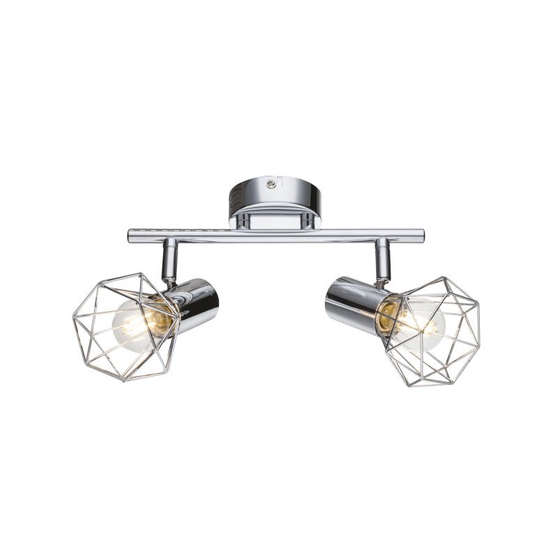 Lampa sufitowa z dwoma reflektorami w chromowanym wykończeniu, z geometrycznymi kloszami odsłaniającymi żarówki. Montowana na prostokątnej listwie z okrągłą podstawą sufitową.