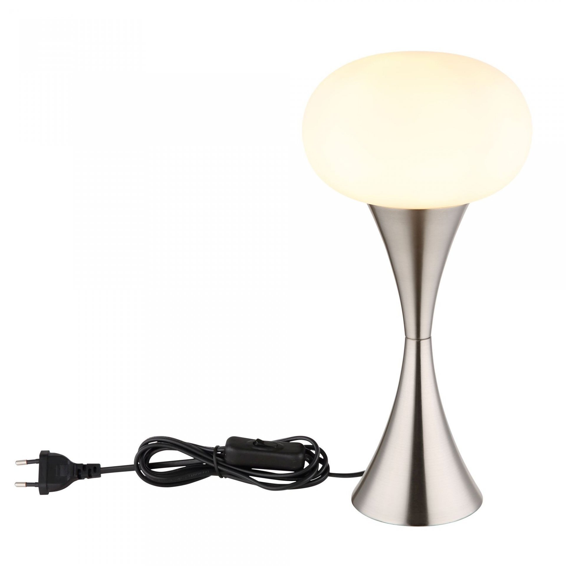 Lampa stołowa z metalową podstawą w kształcie stożka i kulistym, mlecznym kloszem. Do lampy dołączony jest czarny przewód z wtyczką.