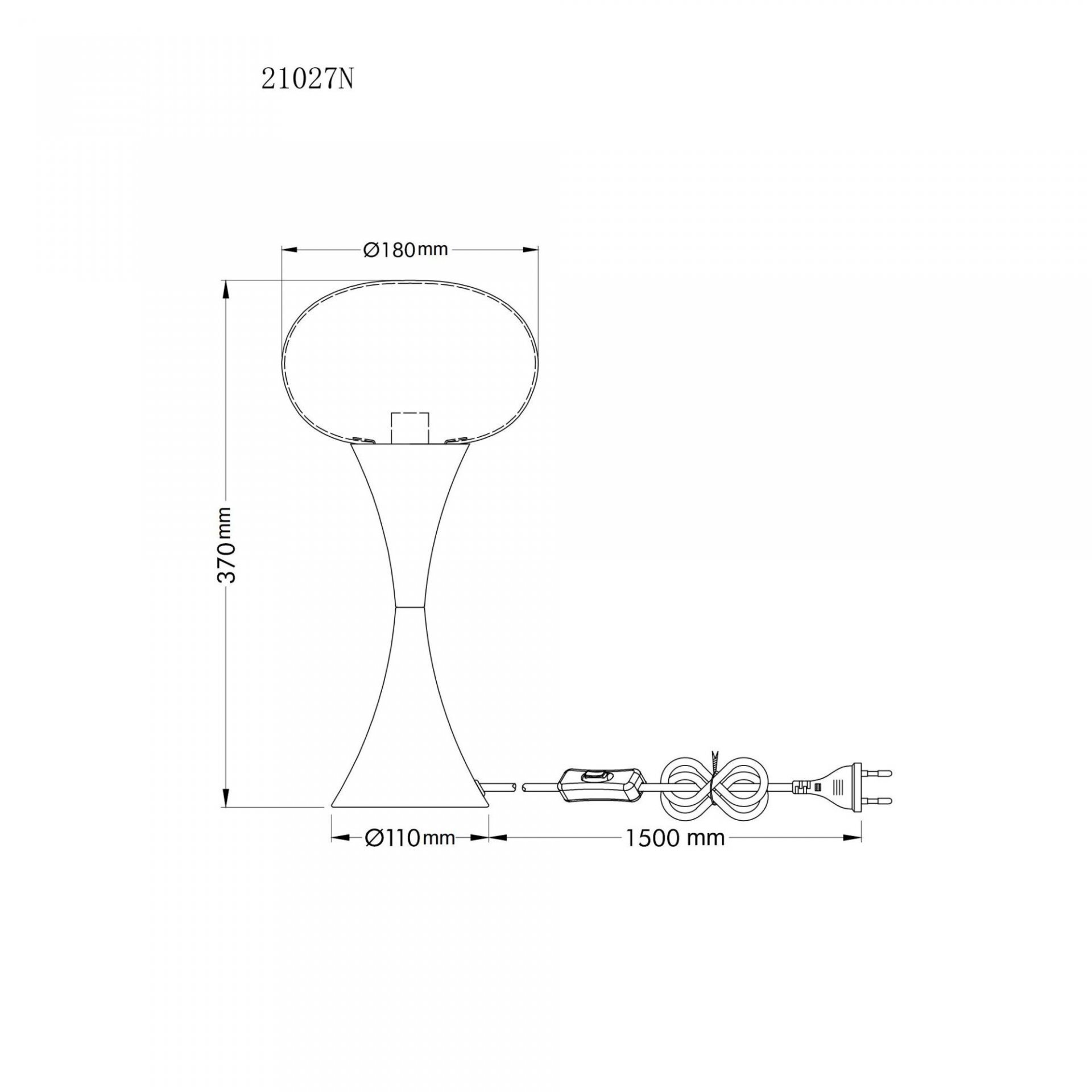 Schemat lampy stołowej z wymiarami: wysokość 370 mm, średnica klosza 180 mm, średnica podstawy 110 mm, długość przewodu 1500 mm. Widoczny jest również włącznik na przewodzie oraz wtyczka.