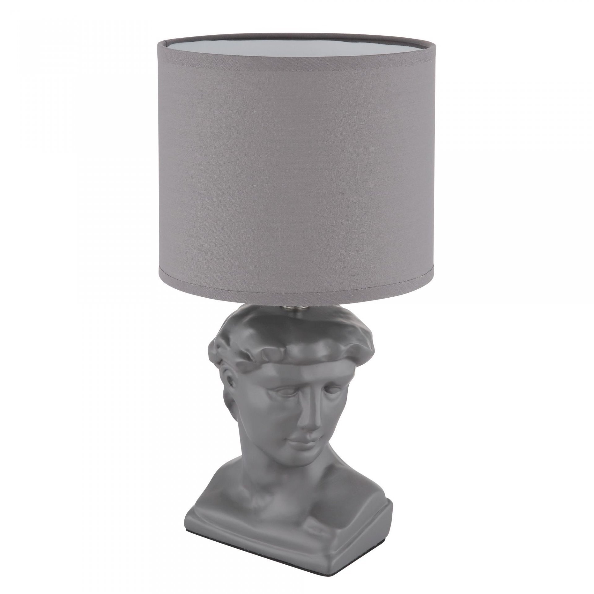 Lampa stołowa z szarym abażurem i podstawą w kształcie popiersia. Elegancki design odpowiedni do salonu i sypialni.