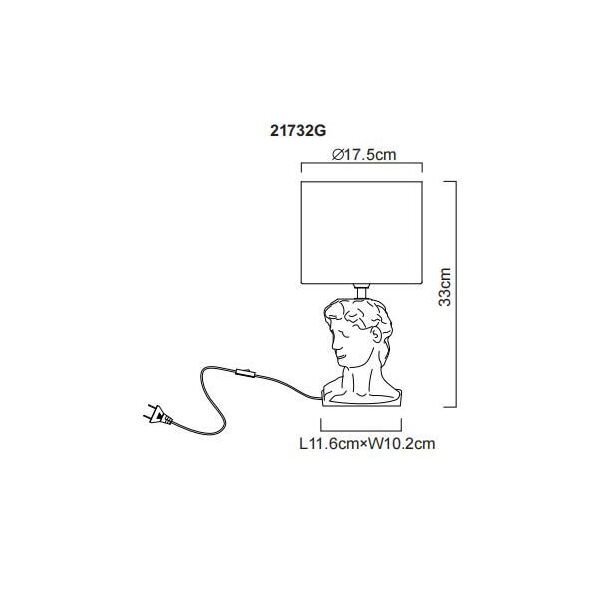 Schemat lampy stołowej z abażurem o średnicy 17,5 cm i wysokości 33 cm, z podstawą w kształcie popiersia. Wymiary podstawy to 11,6 cm na 10,2 cm, a lampa posiada przewód z wtyczką.