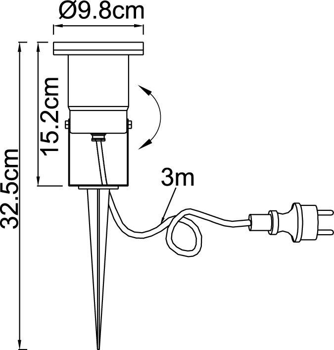 Schematyczny rysunek lampy zewnętrznej z wymiarami: wysokość 32,5 cm, średnica 9,8 cm, długość kabla 3 m. Lampa posiada szpikulec do montażu w gruncie i wtyczkę elektryczną.