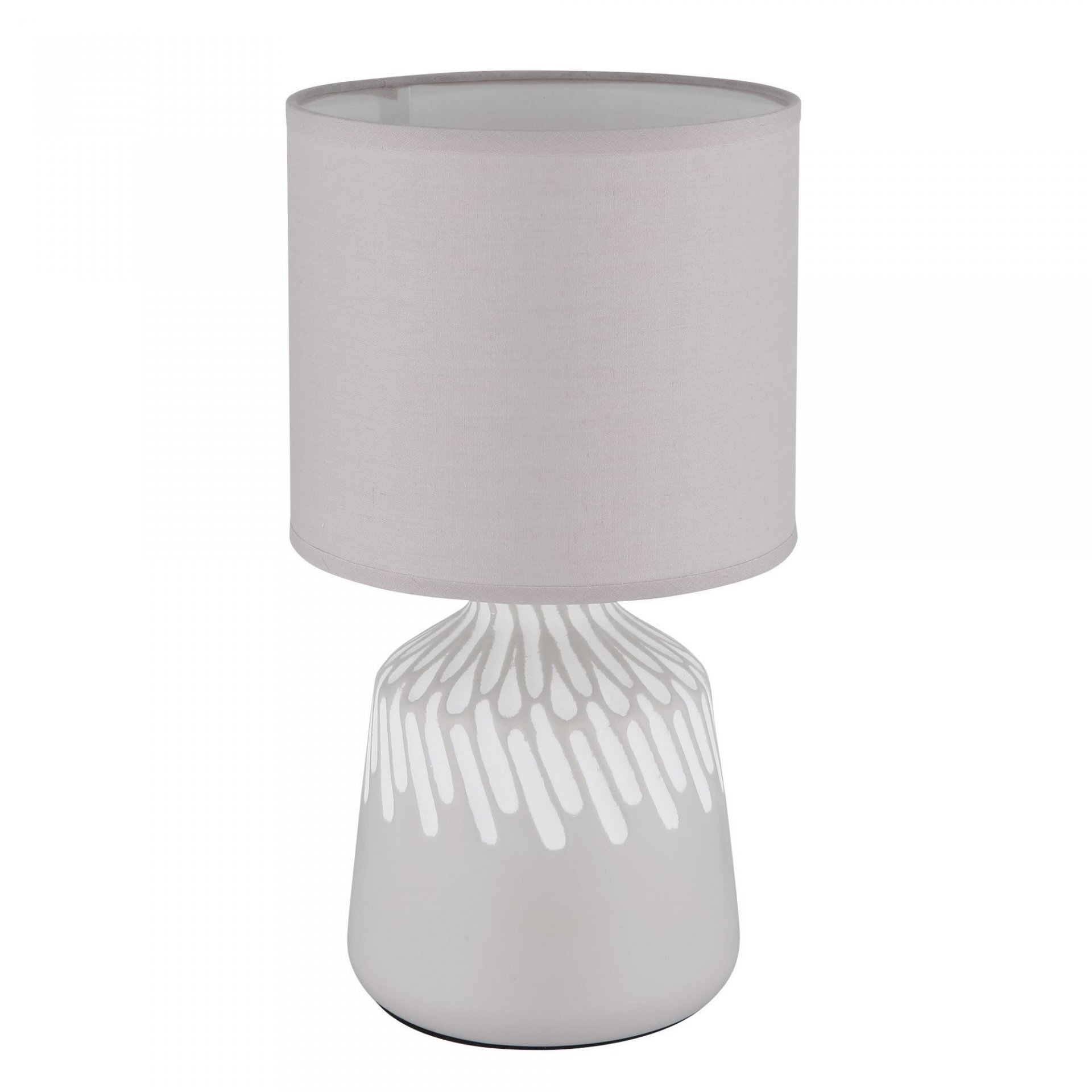 Na obrazie widoczna jest elegancka lampa stołowa z białym, wzorzystym kloszem i podstawą. Klosz ma prosty, cylindryczny kształt, a podstawa jest ozdobiona wzorem przypominającym krople.