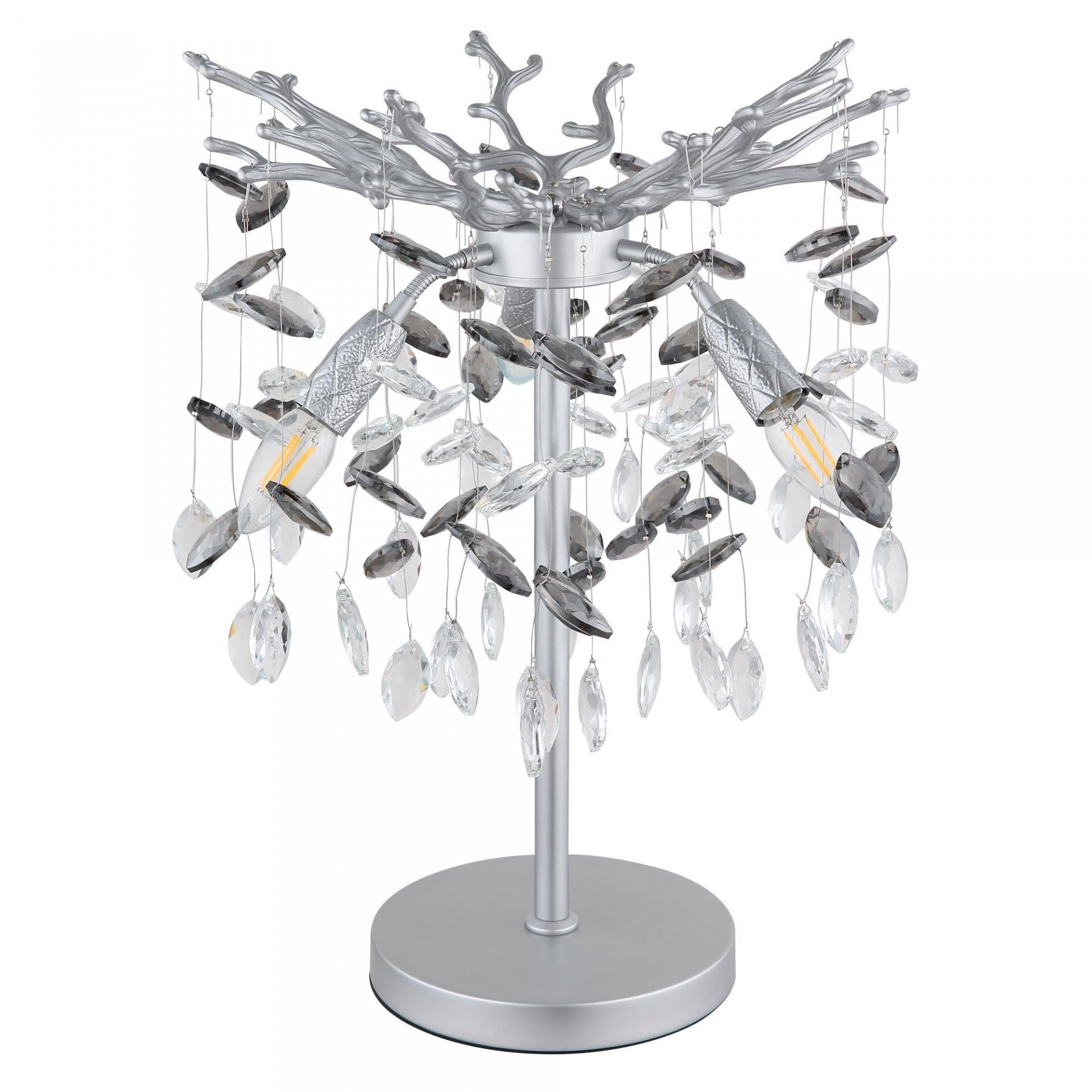 Lampa stołowa z metalową podstawą i ozdobnym kloszem z wiszącymi kryształkami. Klosz ma nowoczesny design z elementami przypominającymi gałęzie.
