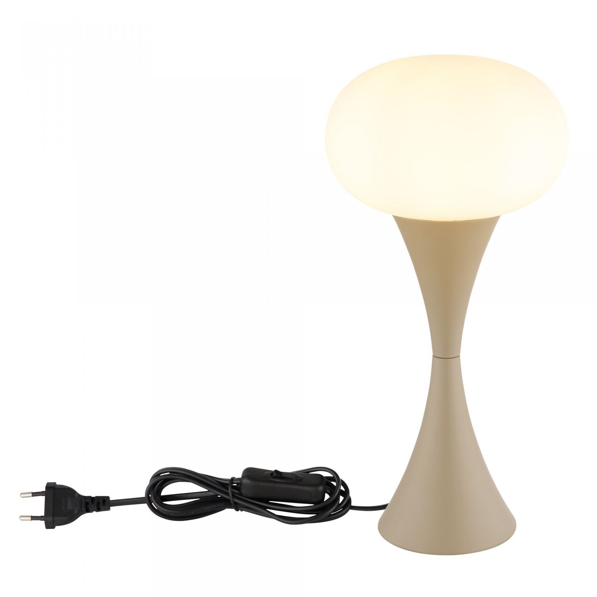 Lampa stołowa o nowoczesnym designie z jasnym, kulistym kloszem i stożkową podstawą w kolorze beżowym. Do lampy dołączony jest czarny przewód z wtyczką i włącznikiem.