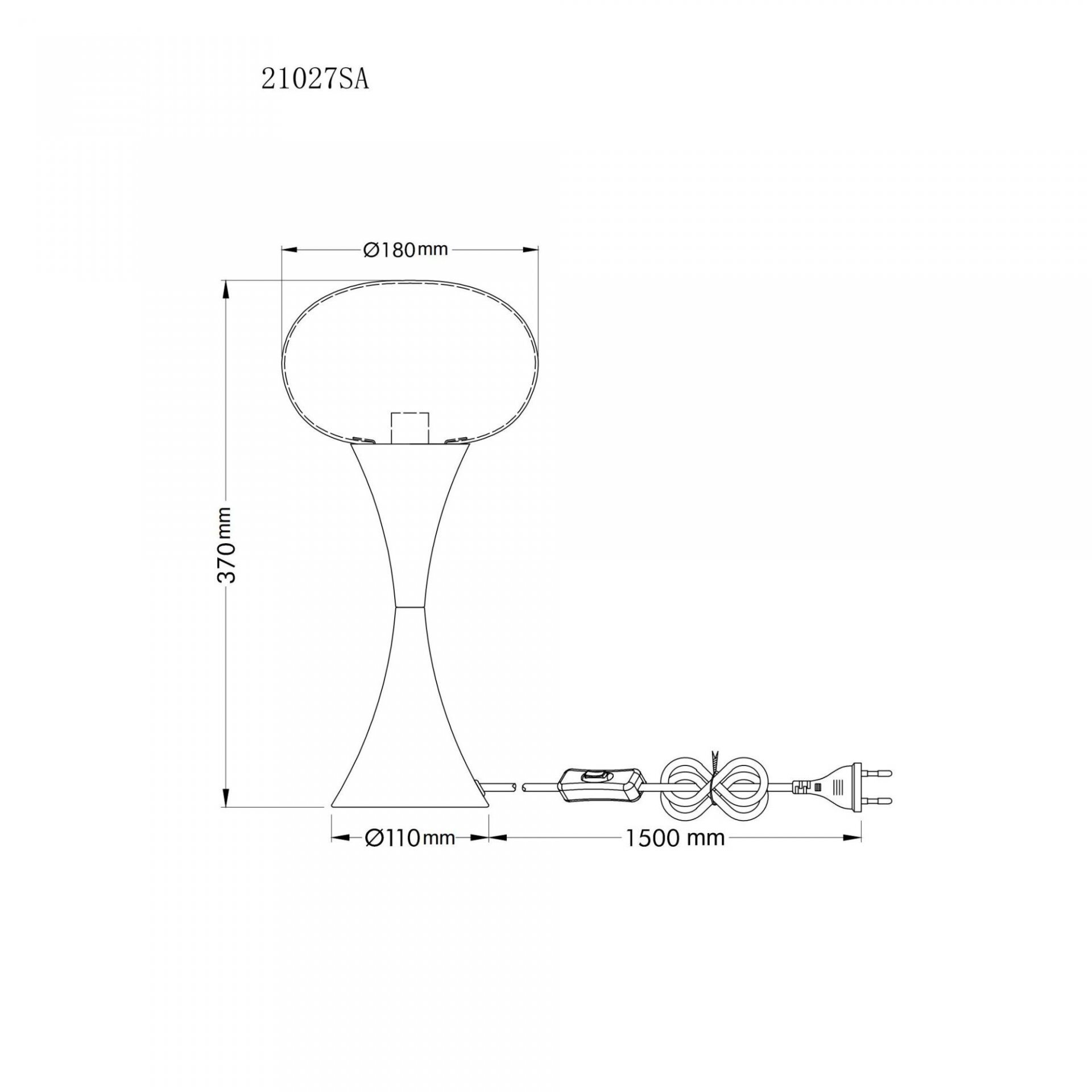 Schemat lampy stołowej z wymiarami: wysokość 370 mm, średnica klosza 180 mm, średnica podstawy 110 mm, długość przewodu 1500 mm. Widoczny jest również włącznik na przewodzie oraz wtyczka.