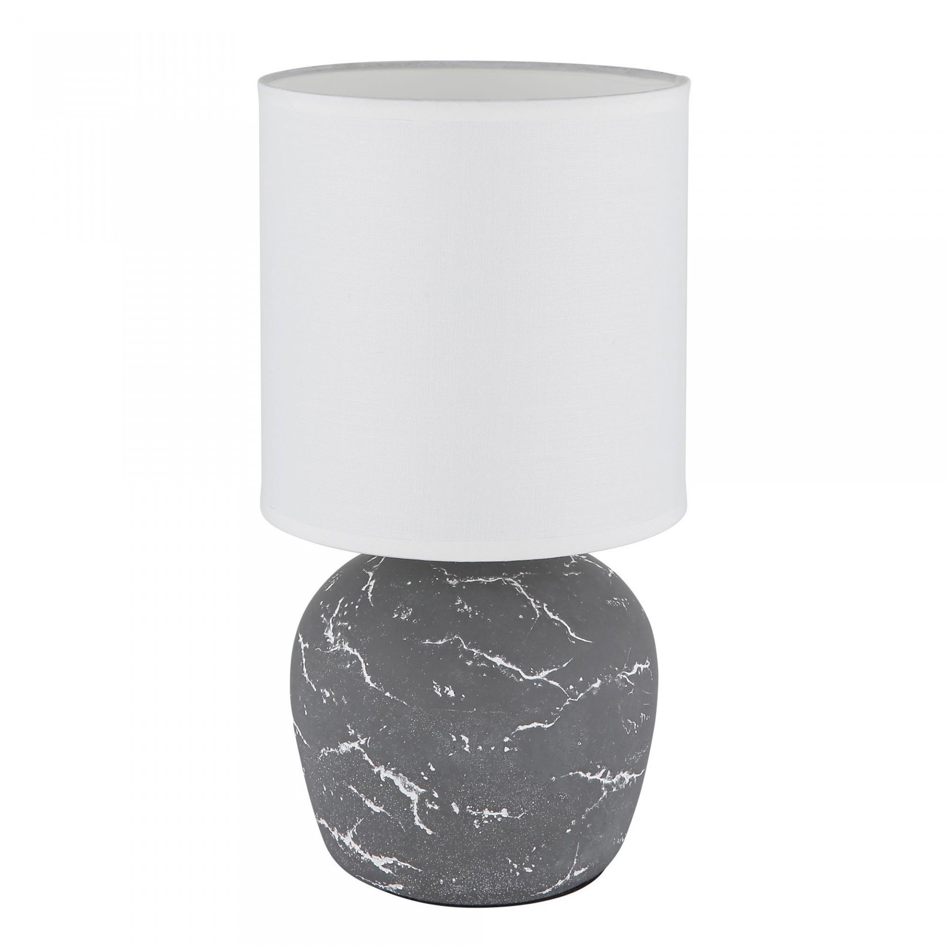 Lampa stołowa z białym cylindrycznym abażurem i podstawą o marmurowym wzorze w odcieniach szarości.