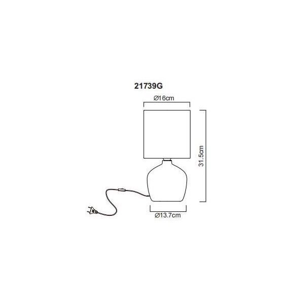 Schemat lampy stołowej z oznaczeniami wymiarów: wysokość 31,5 cm, średnica klosza 16 cm, średnica podstawy 13,7 cm. Widoczny jest także przewód z wtyczką.