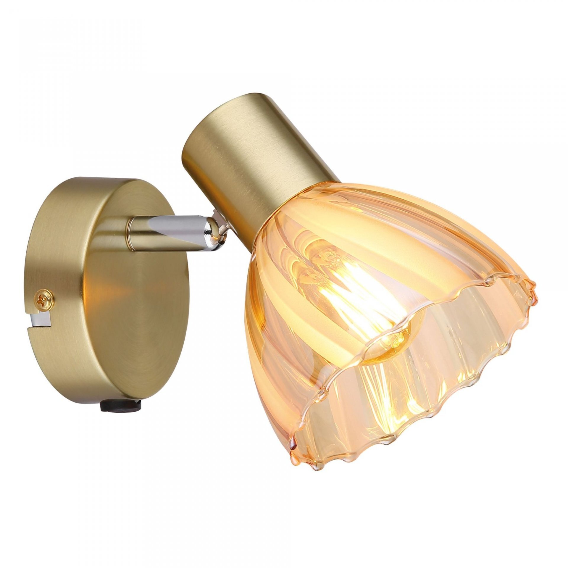 Lampa reflektorowa z metalowym uchwytem i szklanym kloszem o falistym wzorze, emitująca ciepłe światło. Na uchwycie widoczny jest włącznik.