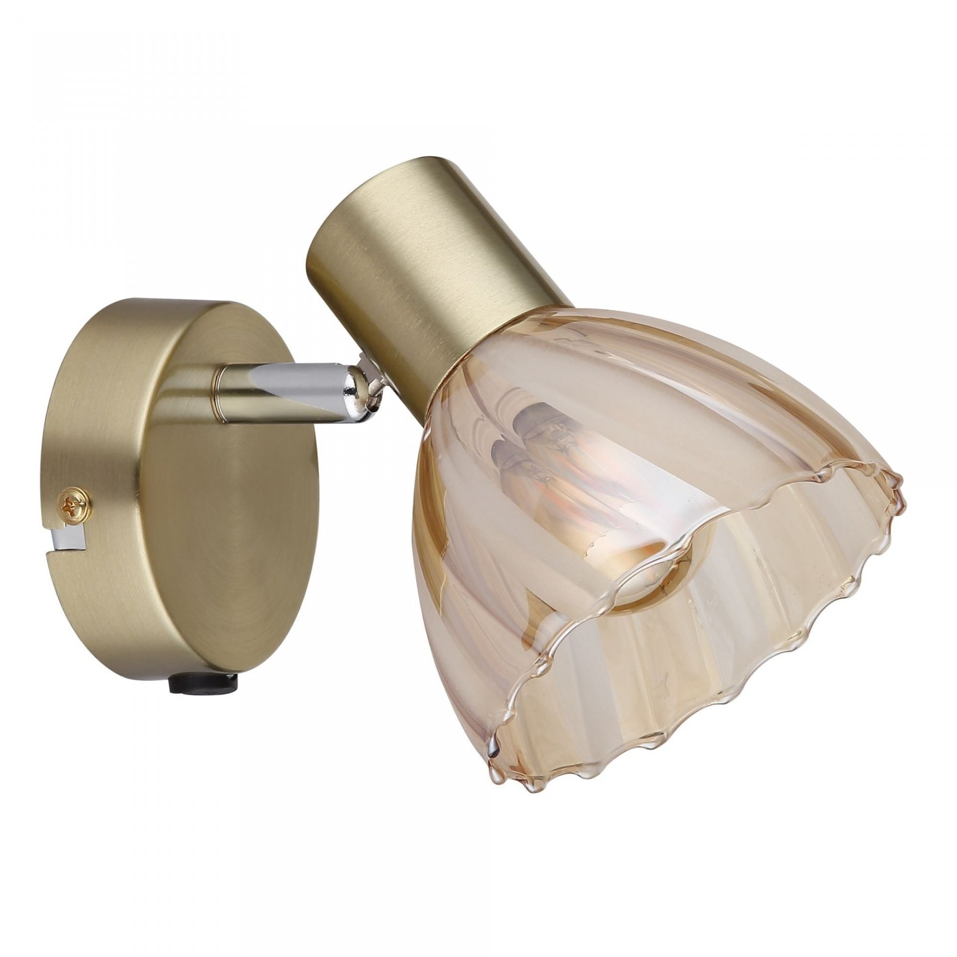 Lampa reflektorowa z włącznikiem, wykonana z metalu i szkła, w kolorze złotym z przezroczystym kloszem o falistym wykończeniu.