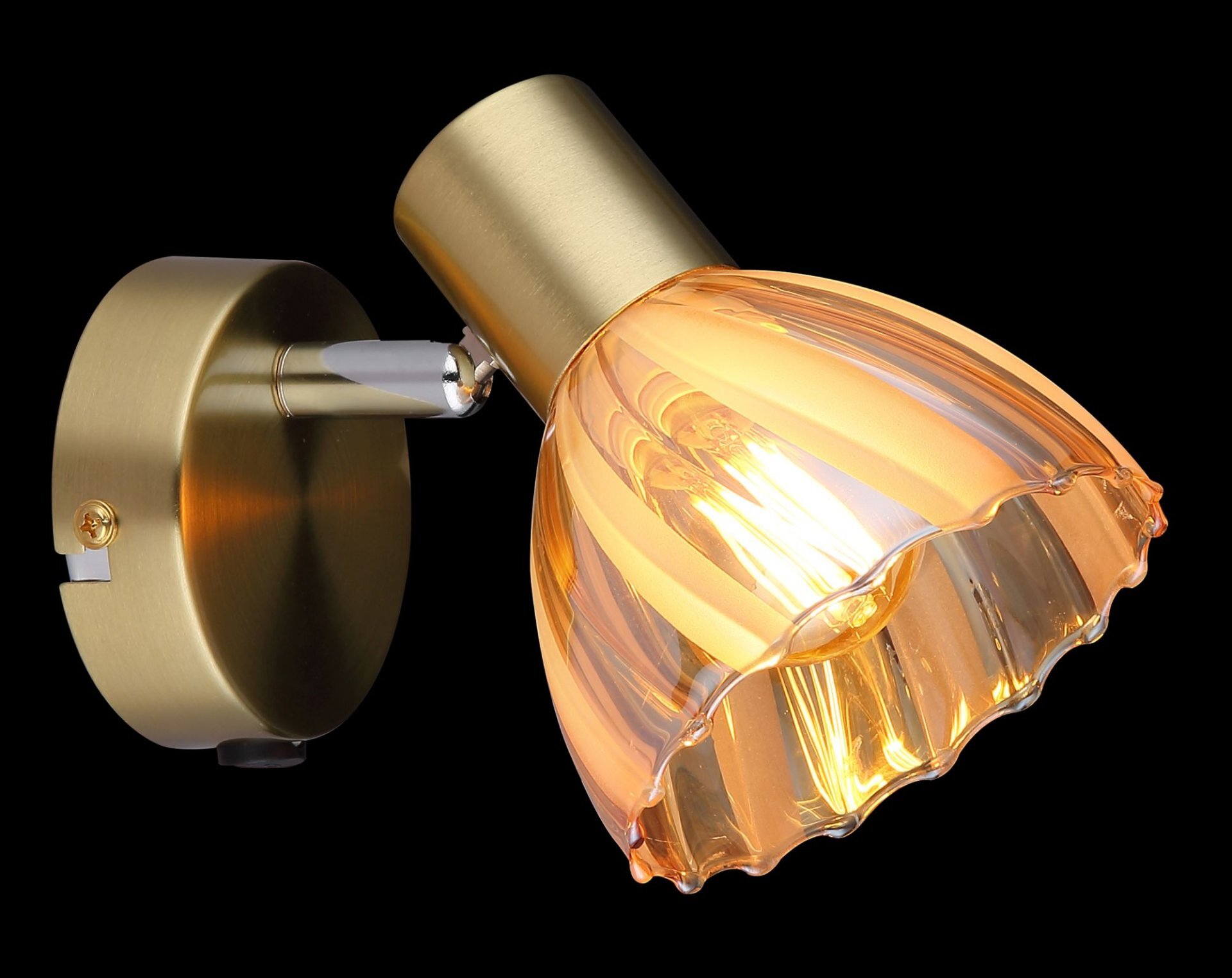 Lampa reflektorowa z włącznikiem, wykonana z metalu i szkła, z żarówką w kształcie tulipana o złotym odcieniu. Montowana na okrągłej podstawie, z widocznym elementem mocującym.