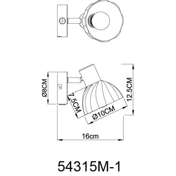 Schemat techniczny lampy reflektorowej z włącznikiem, oznaczonej jako 54315M-1, z wymiarami: średnica podstawy 8 cm, długość ramienia 7,5 cm, średnica klosza 10 cm, wysokość klosza 12,5 cm, całkowita długość 16 cm.