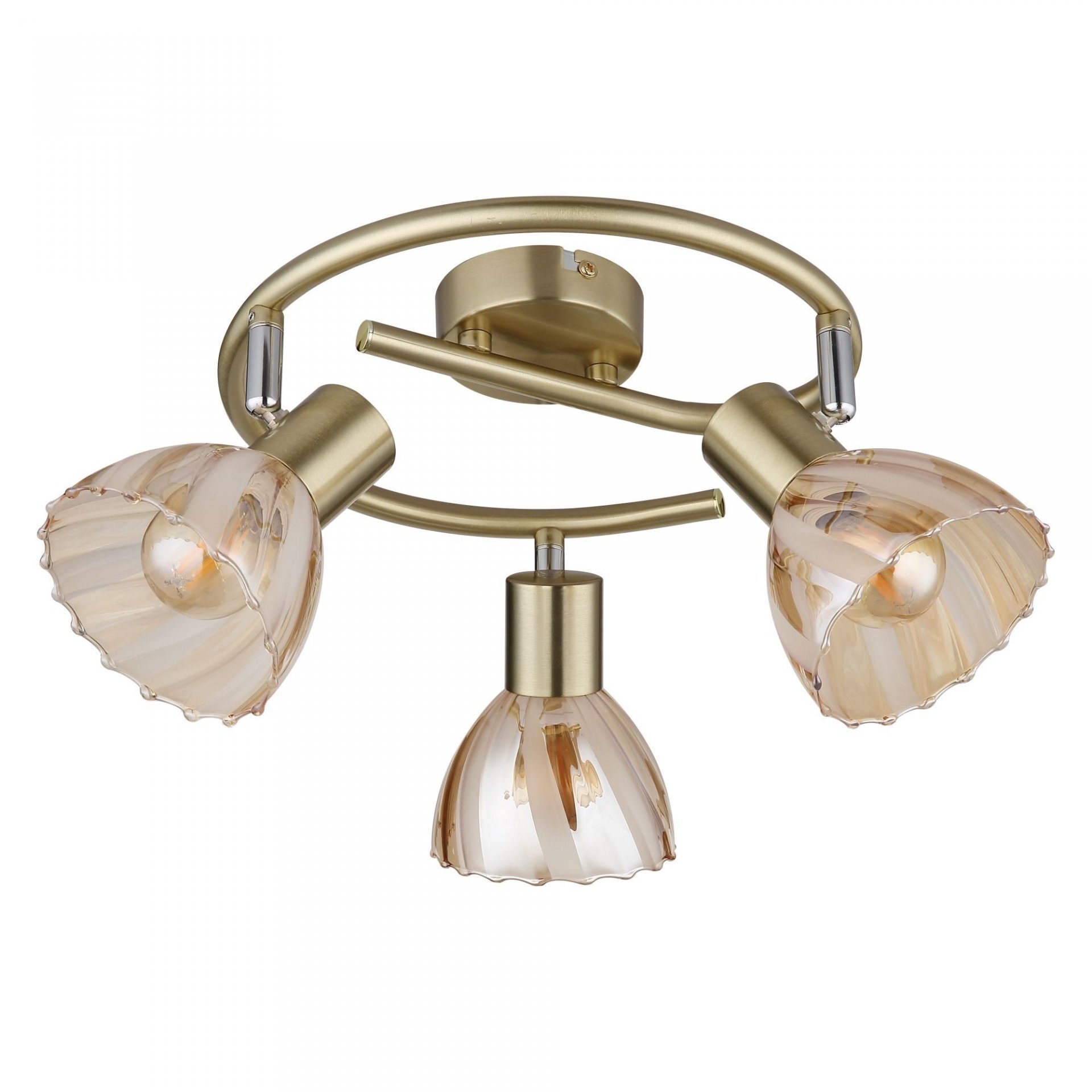 Lampa sufitowa z trzema reflektorami w kolorze złotym, z kloszami o falistym wzorze. Konstrukcja ma nowoczesny design z okrągłą podstawą.
