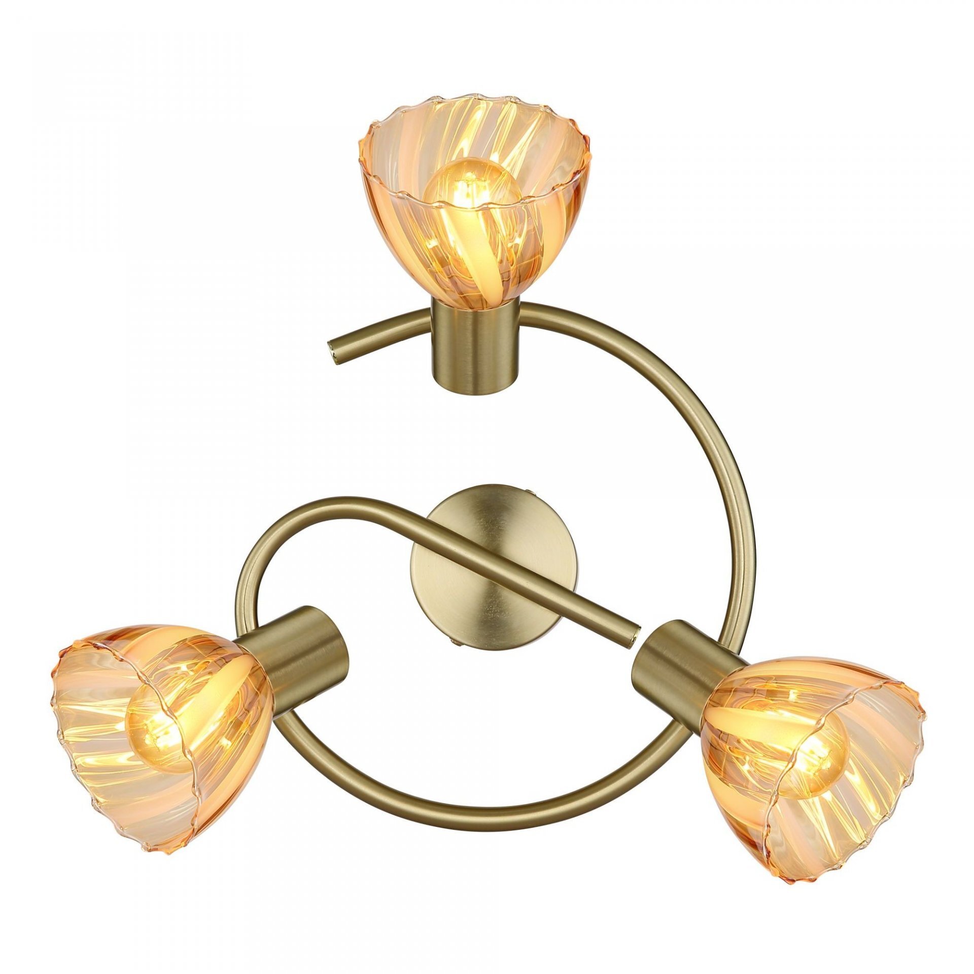 Lampa sufitowa z trzema punktami świetlnymi, każdy z kloszem w kształcie kwiatu o złotym odcieniu. Konstrukcja metalowa w kolorze złotym z centralnym mocowaniem na okrągłej podstawie.