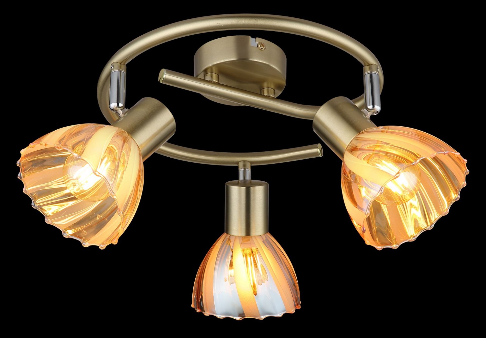 Lampa sufitowa z trzema punktami świetlnymi, posiada klosze w kolorze bursztynowym z dekoracyjnymi paskami. Konstrukcja jest metalowa, w kolorze złotym, z okrągłą podstawą montażową.