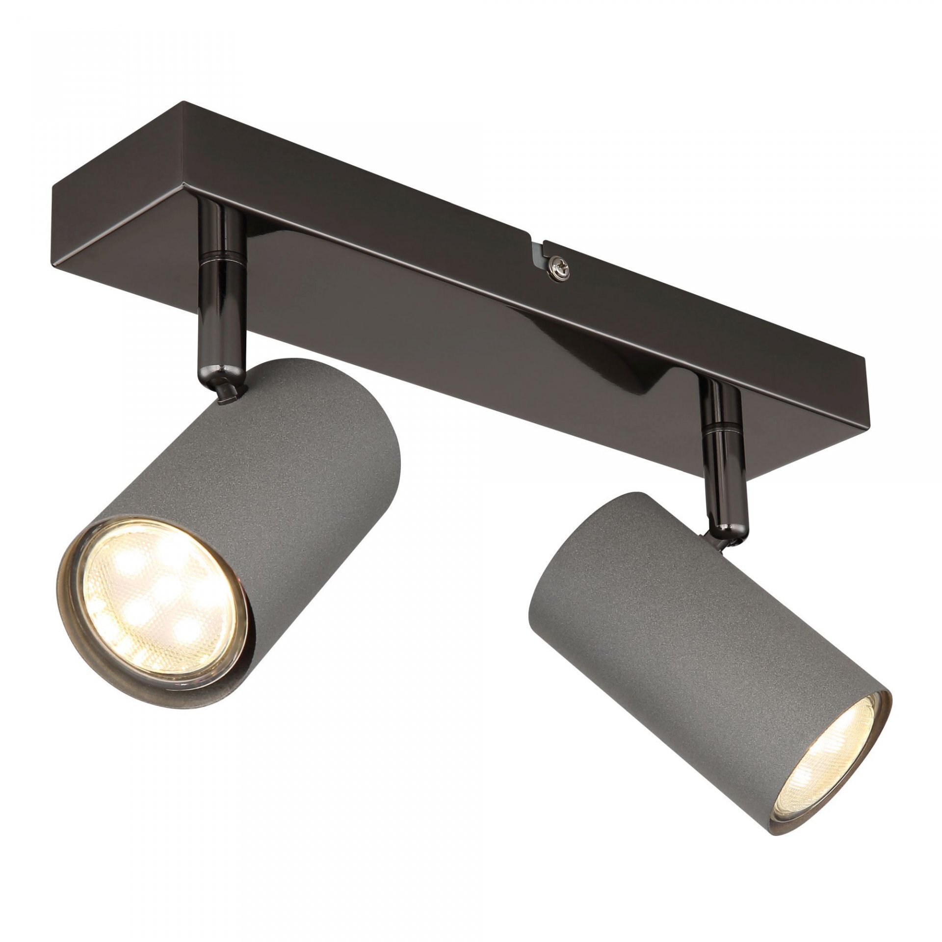 Na obrazie widoczna jest lampa sufitowa z dwoma regulowanymi reflektorami w kolorze szarym, zamontowana na prostokątnej podstawie. Reflektory mają cylindryczny kształt i emitują ciepłe światło.