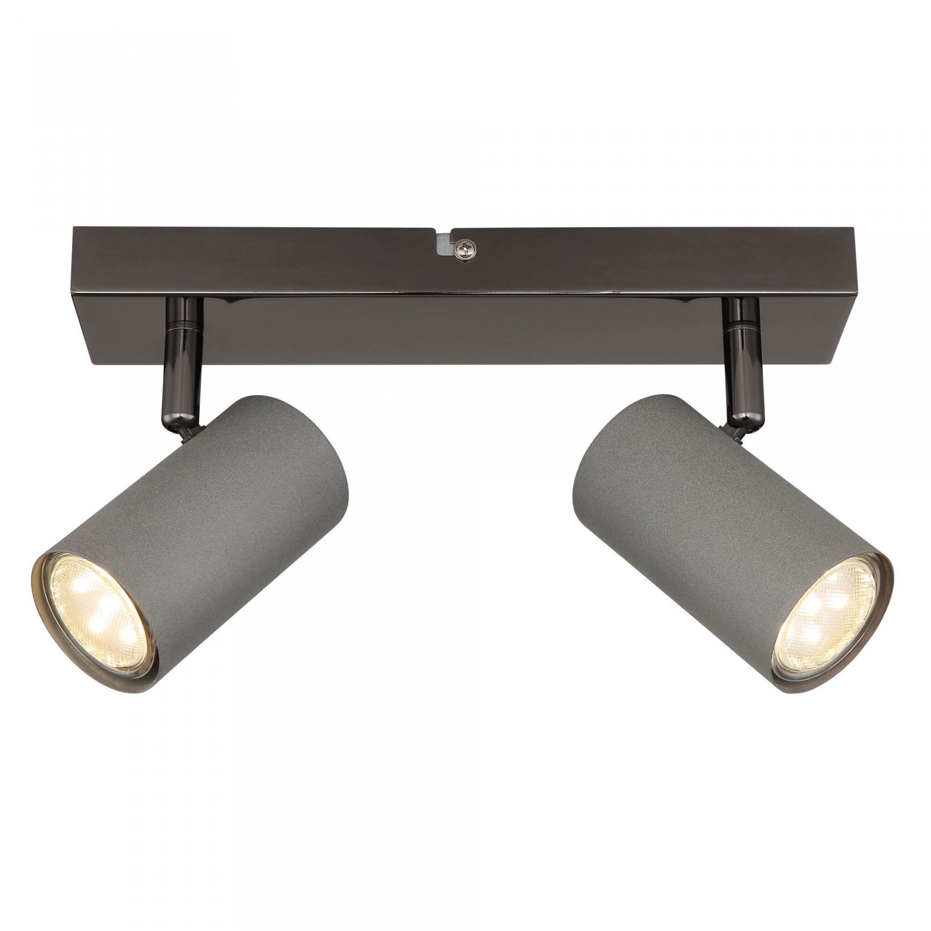 Na obrazie widoczna jest lampa sufitowa z dwoma regulowanymi reflektorami w kolorze szarym, zamontowana na prostokątnej podstawie. Reflektory mają cylindryczny kształt i emitują ciepłe światło.