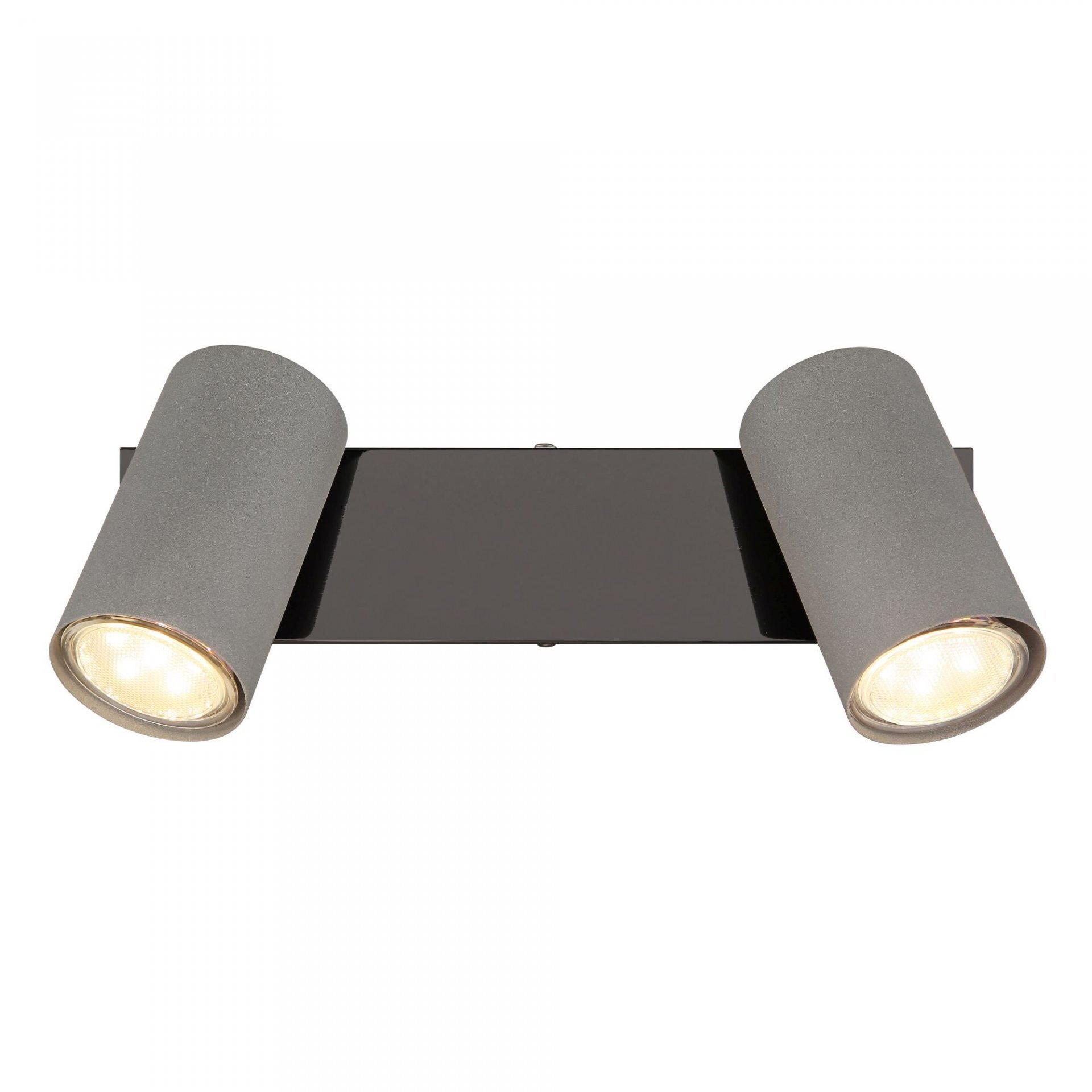 Lampa sufitowa z dwoma regulowanymi reflektorami w kształcie cylindrów, zamontowana na prostokątnej podstawie. Reflektory mają szary kolor, a podstawa jest czarna.