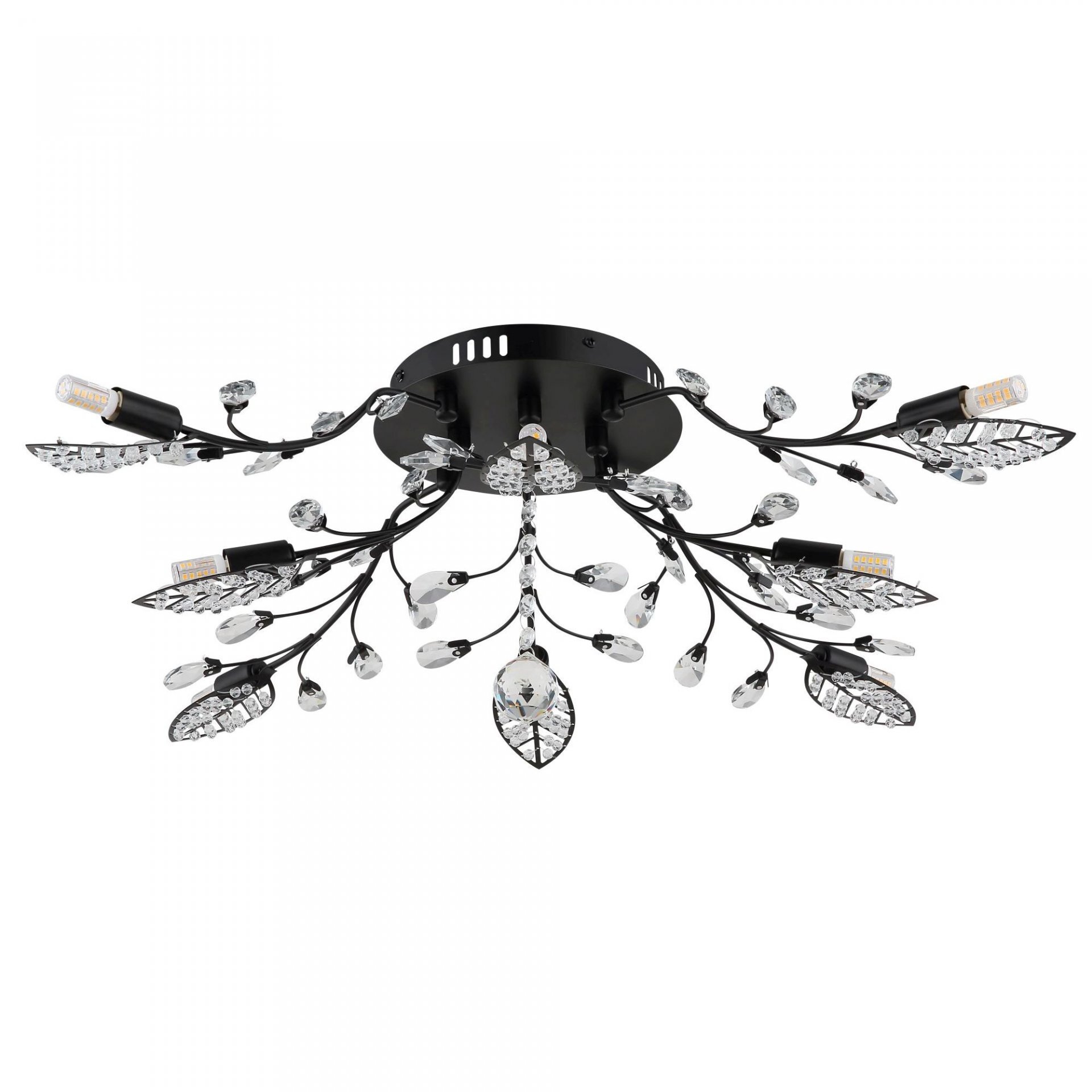 Lampa sufitowa z czarną podstawą i ozdobnymi gałązkami zakończonymi przezroczystymi kryształkami. Posiada kilka źródeł światła w formie żarówek umieszczonych na końcach gałązek.