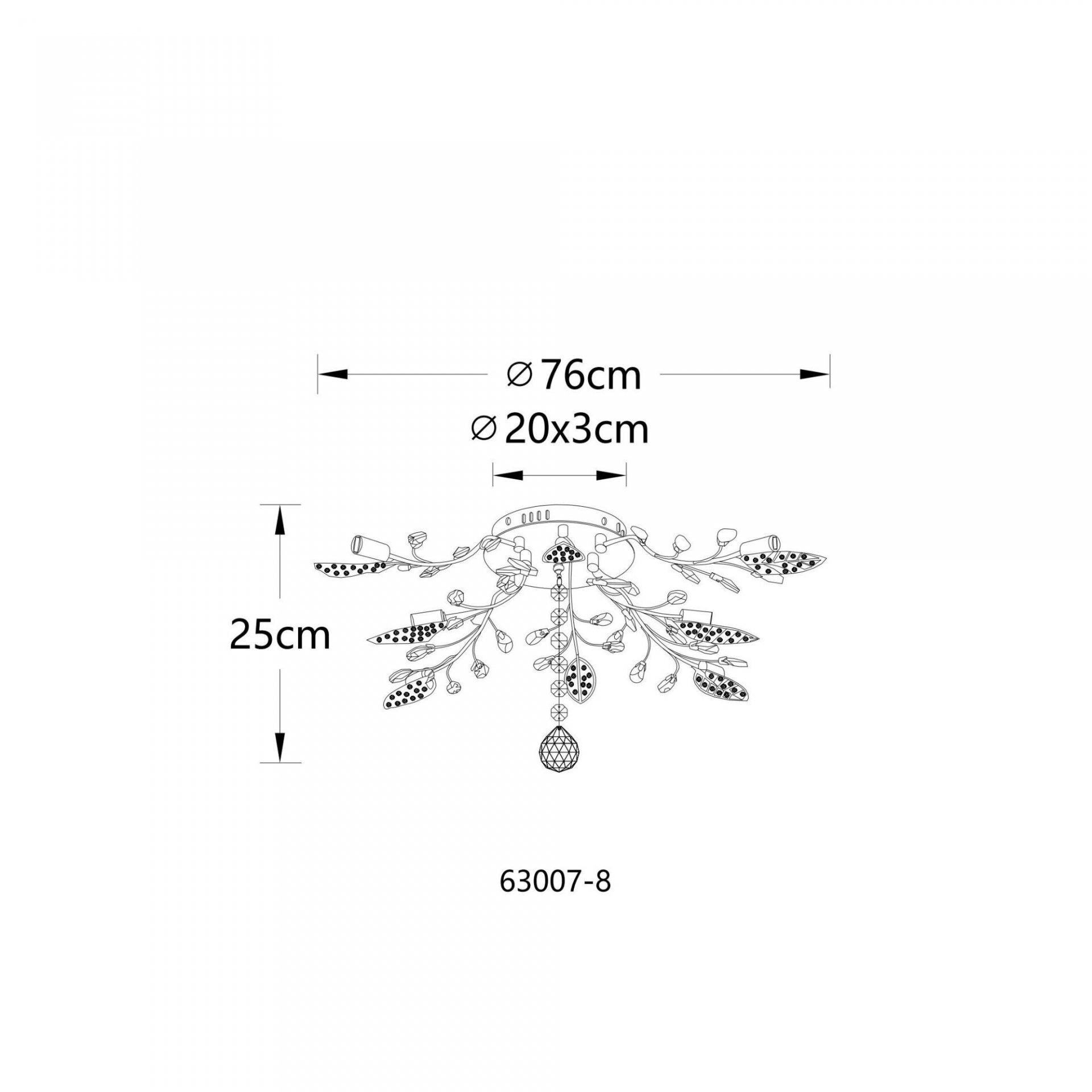 Schemat lampy sufitowej z wymiarami: średnica 76 cm, wysokość 25 cm, oraz element centralny o średnicy 20x3 cm. Widoczny jest numer modelu 63007-8.