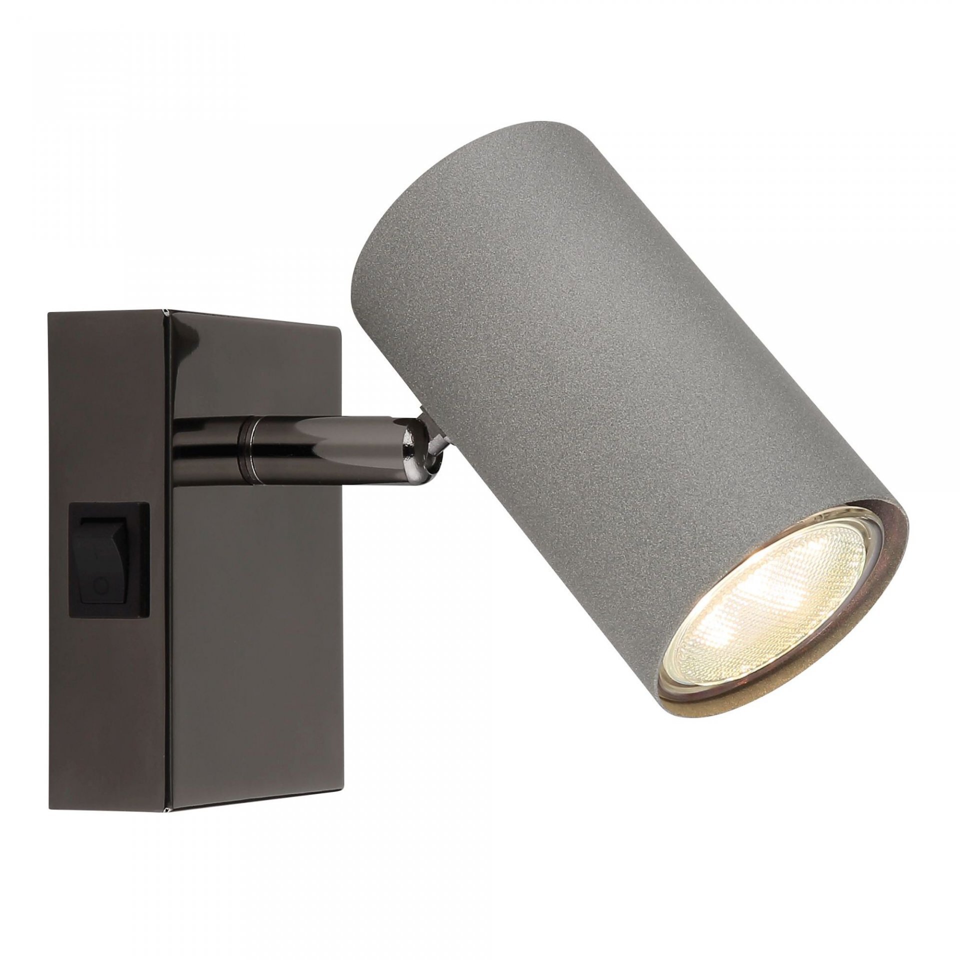 Lampa reflektorowa z cylindrycznym kloszem w kolorze szarym, zamontowana na prostokątnej podstawie z włącznikiem. Klosz skierowany jest w dół, a światło jest włączone.