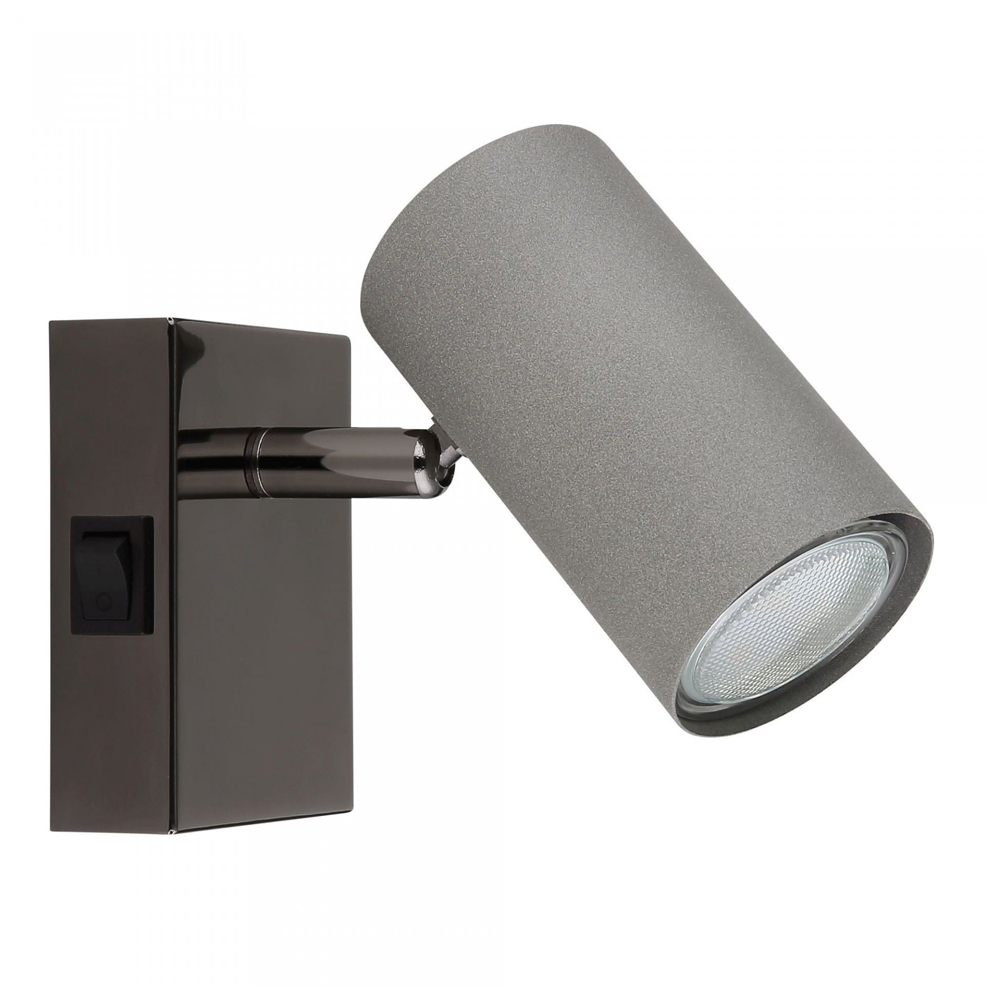 Lampa reflektorowa spot z włącznikiem, wykonana z metalu, z cylindrycznym kloszem w kolorze szarym. Podstawa lampy jest prostokątna i posiada włącznik.