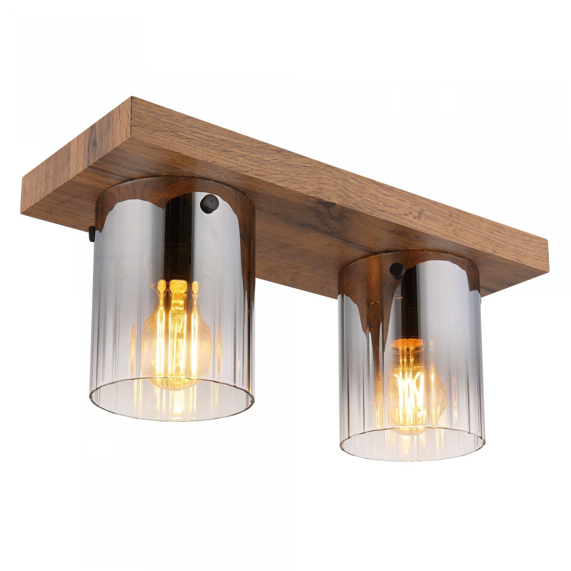 Lampa sufitowa z dwoma szklanymi kloszami o cylindrycznym kształcie, zamontowana na drewnianej podstawie. Wewnątrz kloszy widoczne są żarówki emitujące ciepłe światło.