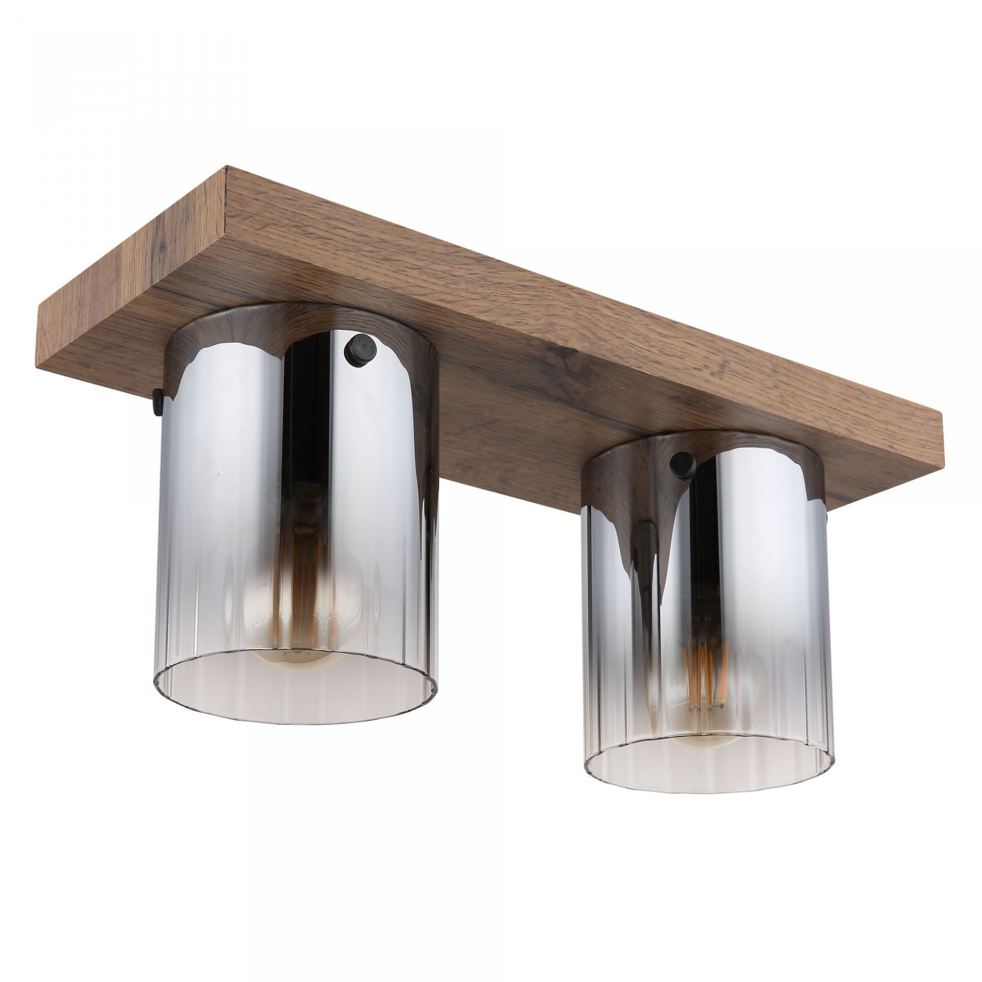 Lampa sufitowa z dwoma szklanymi kloszami o metalicznym wykończeniu, zamontowana na drewnianej podstawie.