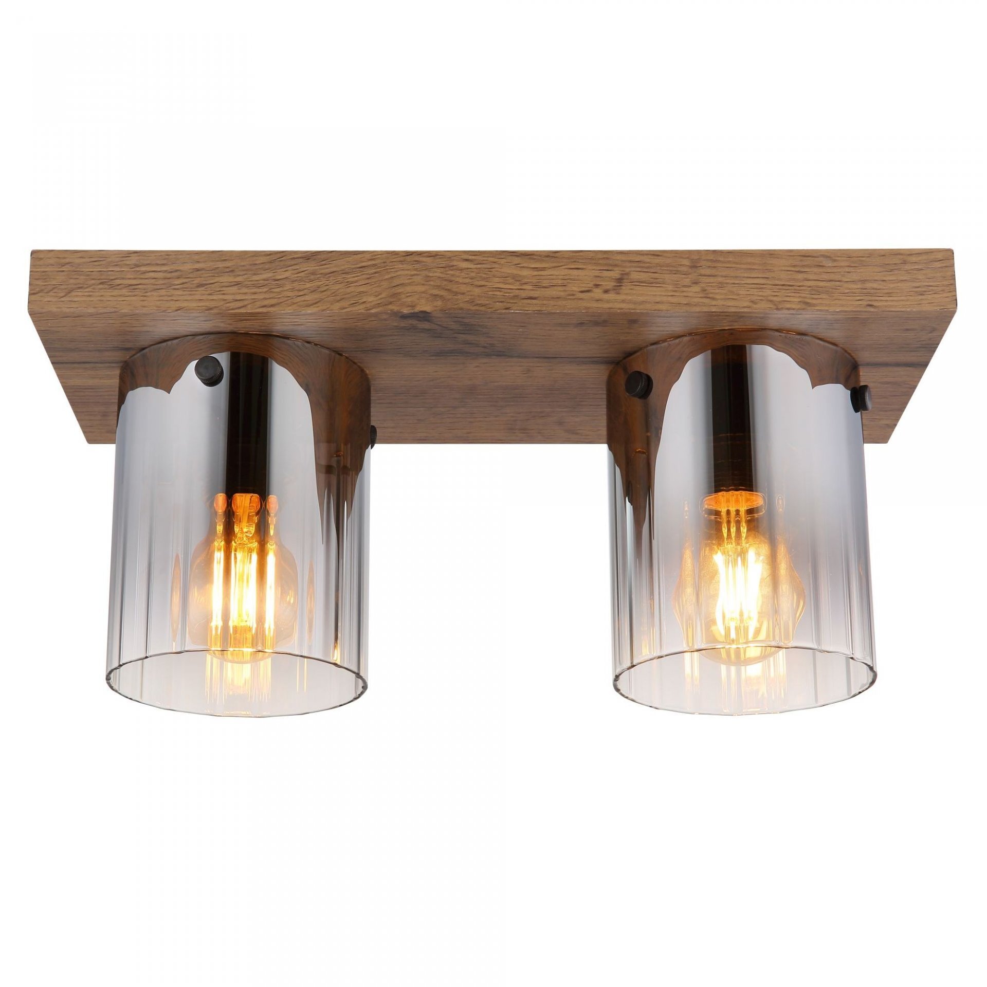 Lampa sufitowa z dwoma szklanymi kloszami zamontowanymi na drewnianej podstawie. Wewnątrz kloszy widoczne są żarówki emitujące ciepłe światło.
