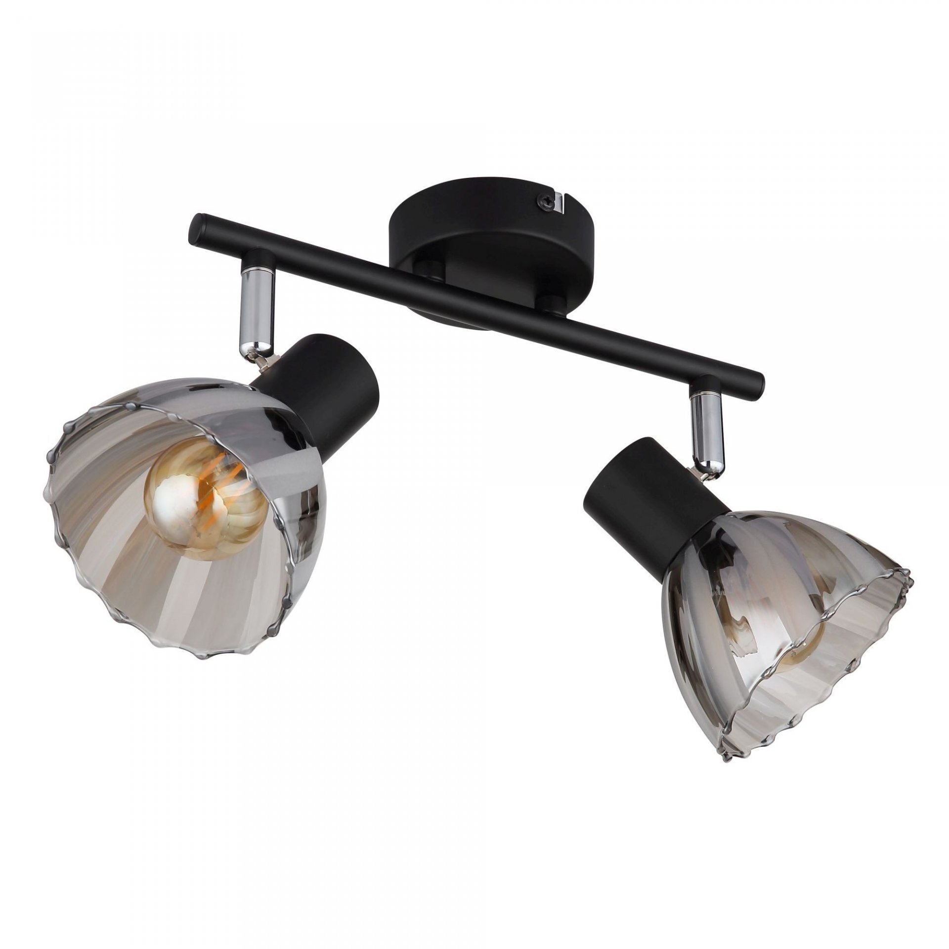 Na obrazie widoczny jest reflektor sufitowy z dwoma punktami świetlnymi, zamontowany na czarnej, metalowej podstawie. Klosze lamp są przezroczyste z falistym wzorem, a wewnątrz widoczne są żarówki.