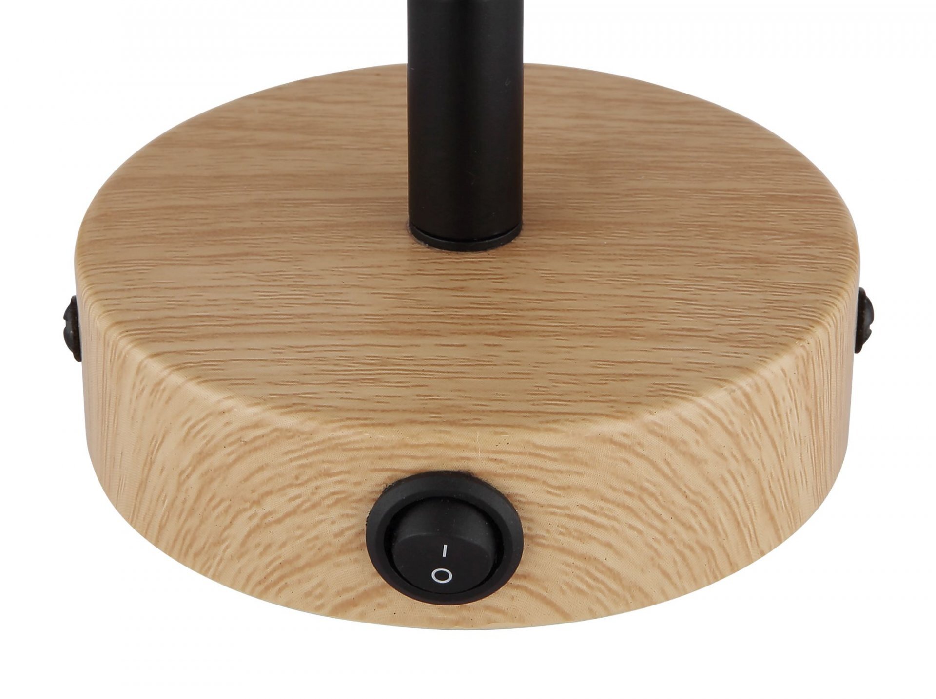 Podstawa lampy w kolorze jasnego drewna z czarnym włącznikiem oznaczonym symbolami \'I\' i \'O\'.