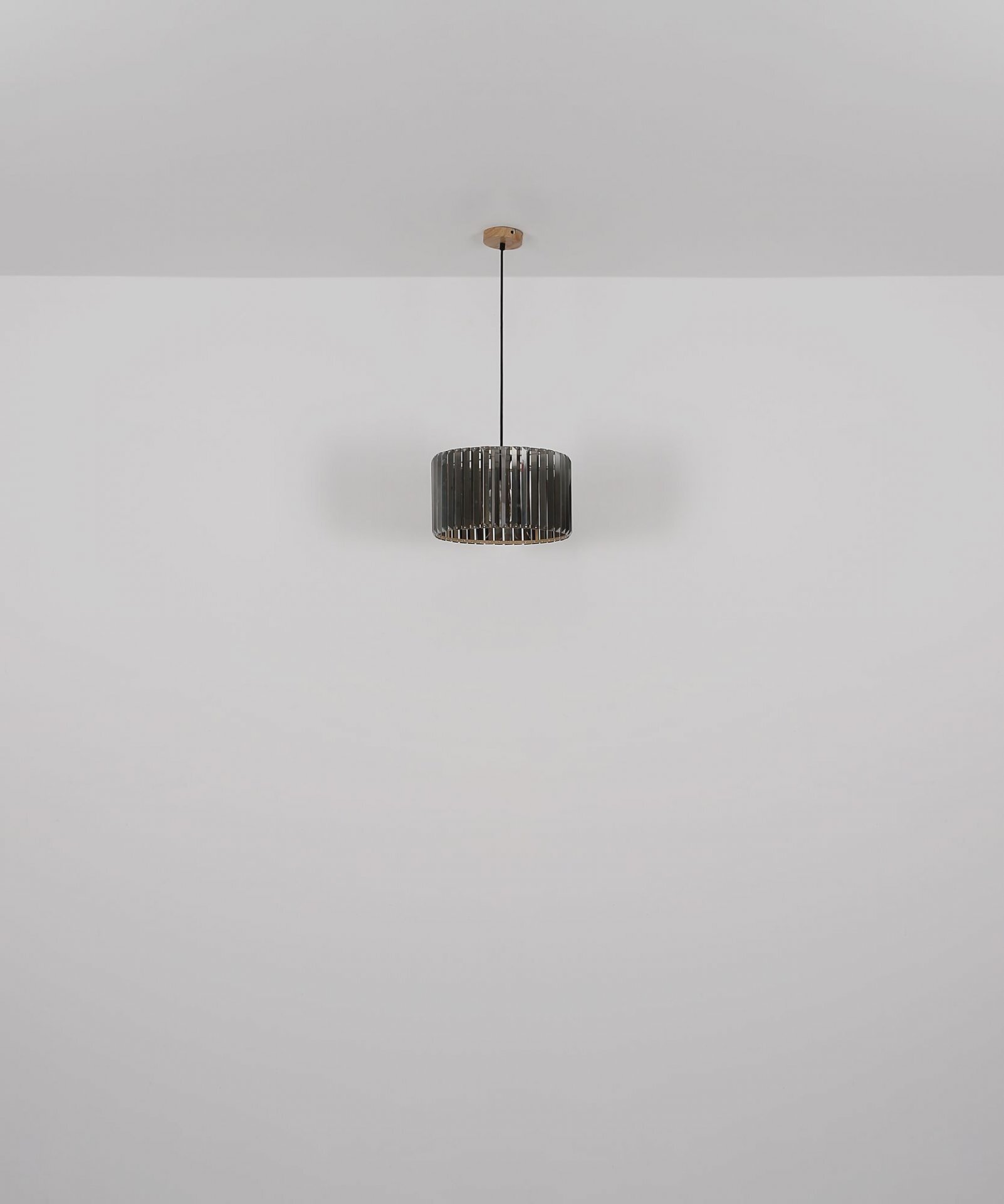 Na obrazie widoczna jest wisząca lampa sufitowa z ciemnym, cylindrycznym kloszem. Lampa jest zawieszona na cienkim, czarnym przewodzie przymocowanym do sufitu.