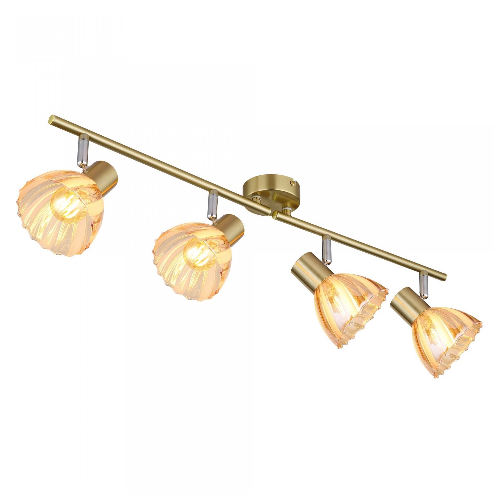 Lampa sufitowa z czterema regulowanymi reflektorami o nowoczesnym designie, wykonana z metalu i szkła w złotym kolorze. Każdy reflektor ma dekoracyjny klosz o falistym wzorze.