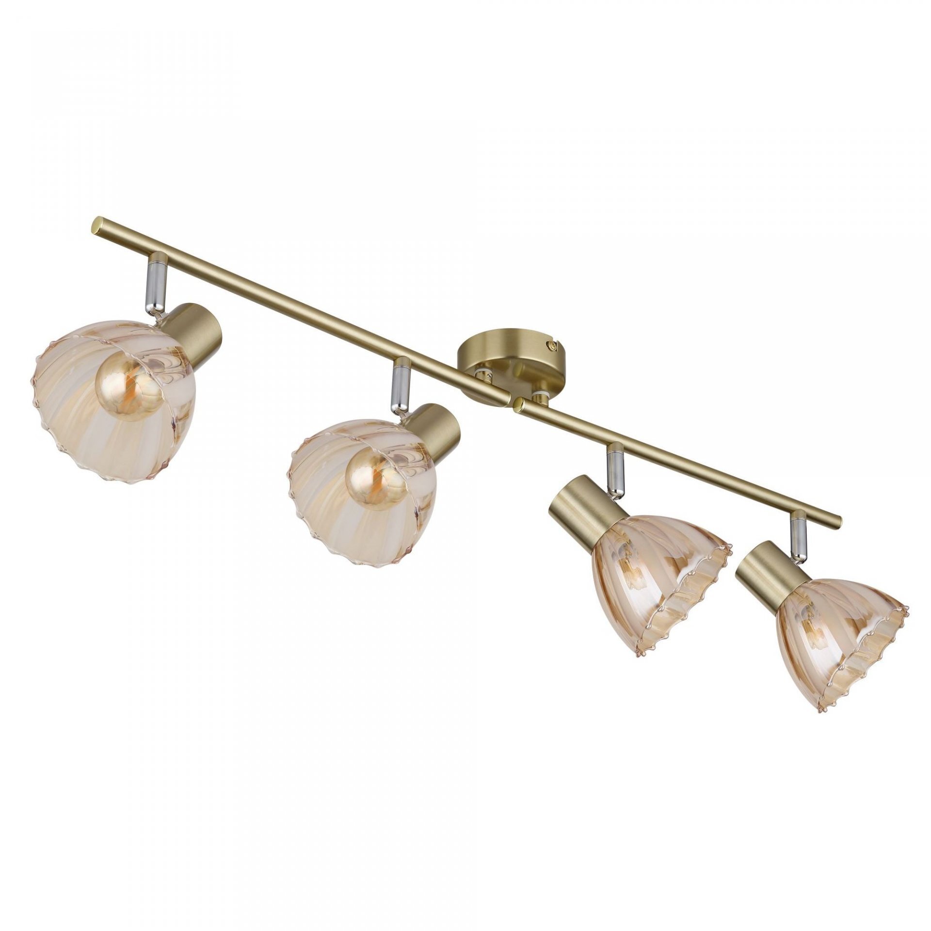 Lampa sufitowa z czterema regulowanymi reflektorami w nowoczesnym designie, wykonana z metalu i szkła w złotym kolorze. Każdy reflektor ma dekoracyjny klosz o falistym wzorze.