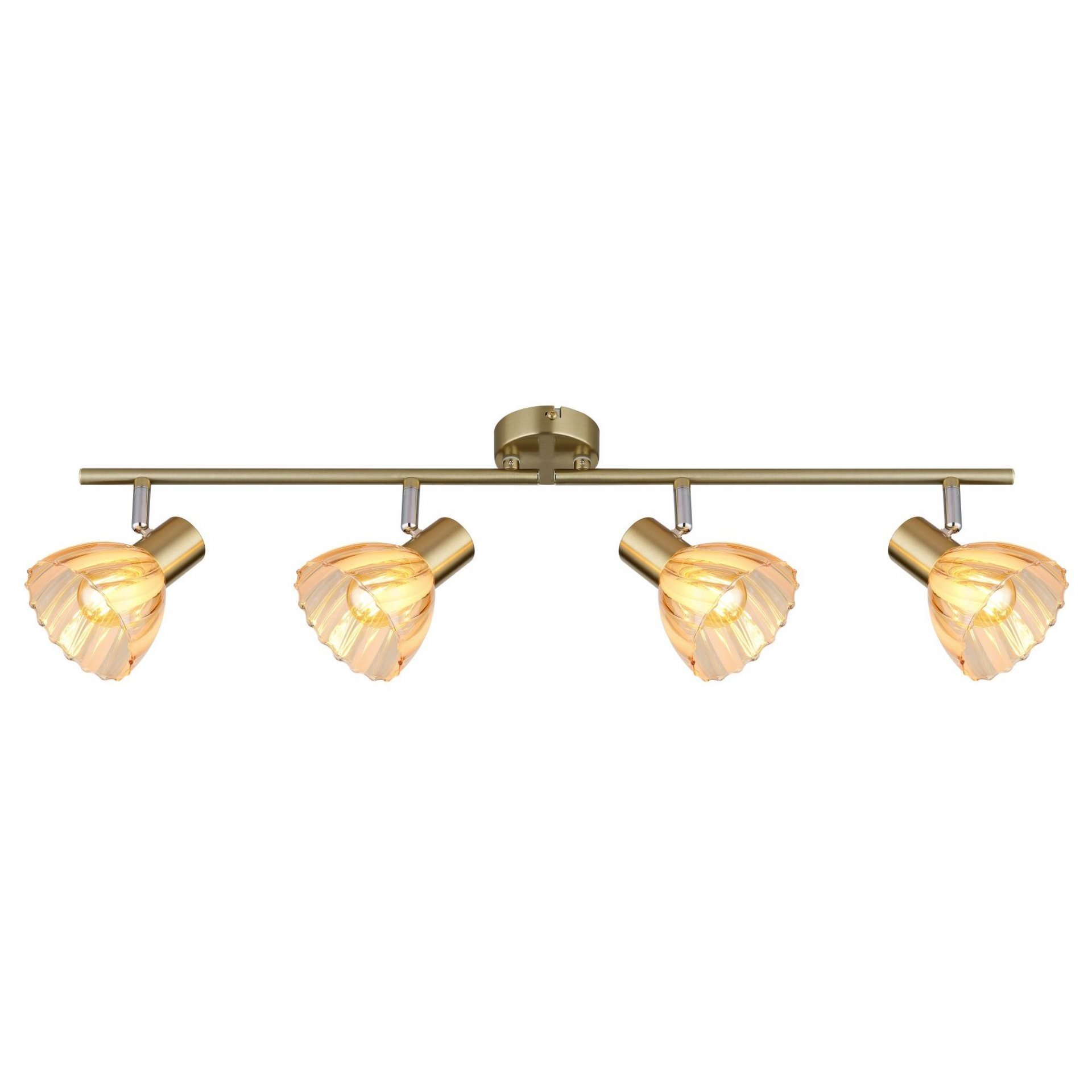 Lampa sufitowa z czterema regulowanymi reflektorami w nowoczesnym designie, wykonana z metalu w złotym kolorze. Każdy reflektor ma klosz o falistym wzorze, przez który prześwituje światło.
