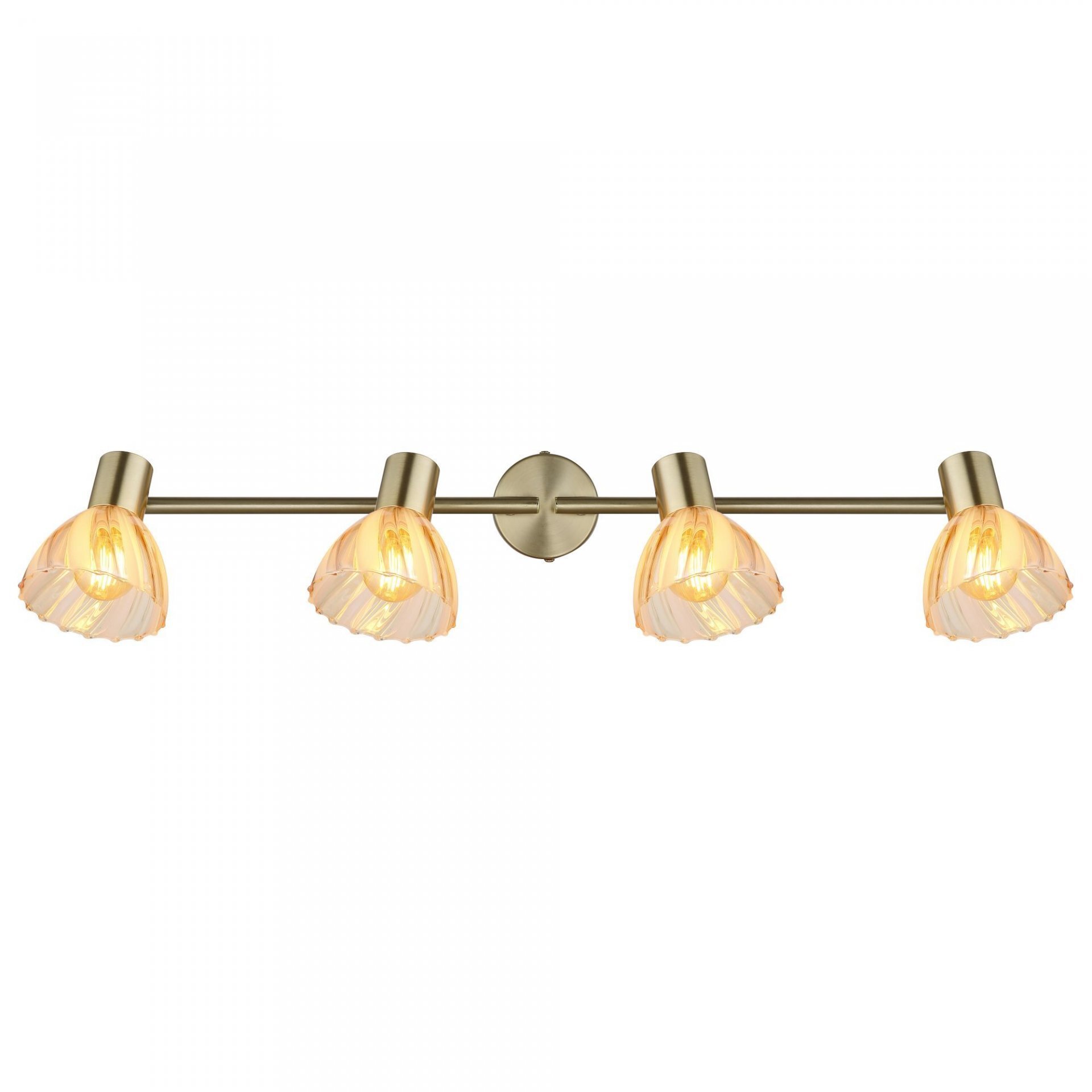 Lampa sufitowa z czterema regulowanymi reflektorami o nowoczesnym designie, każdy z kloszem w kształcie muszli. Konstrukcja jest metalowa w kolorze złotym.