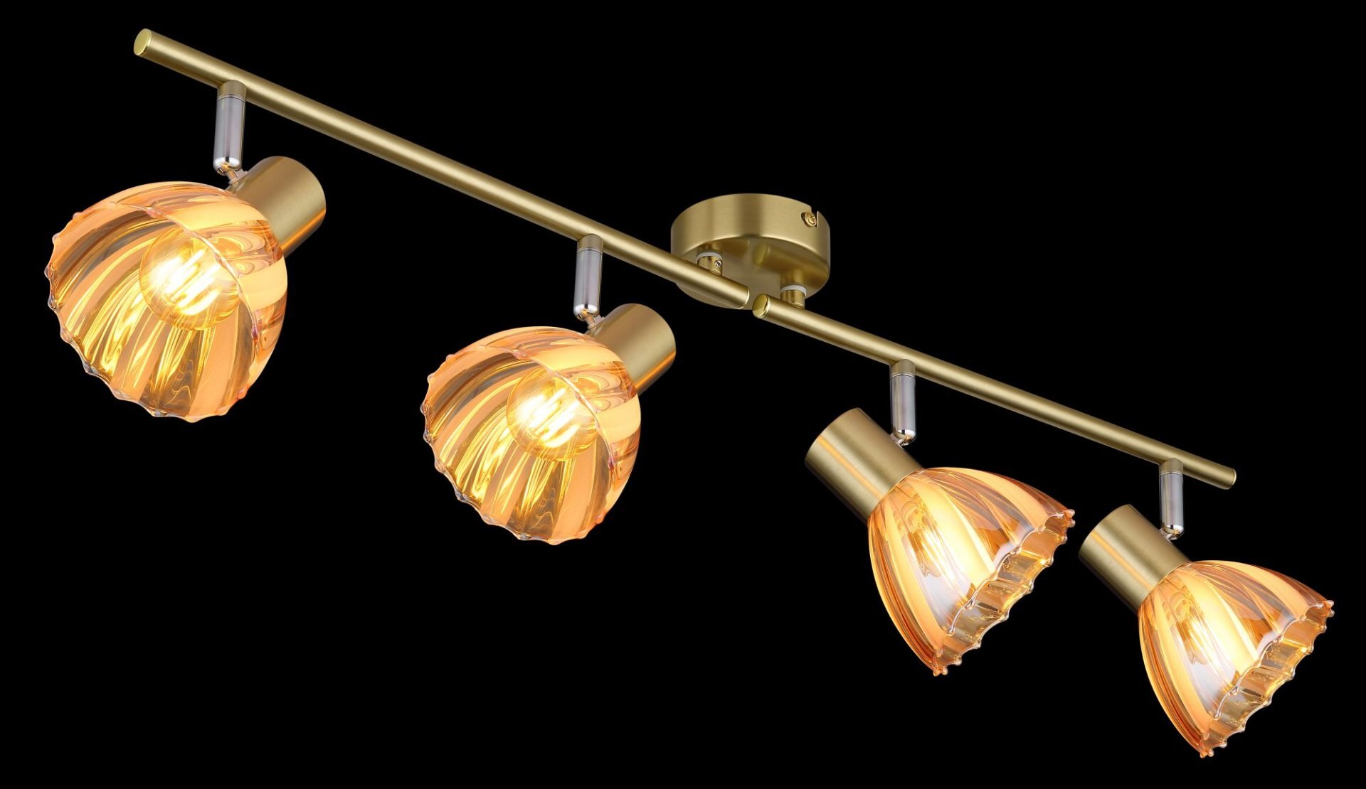 Lampa sufitowa z czterema regulowanymi reflektorami o nowoczesnym designie, wykonana z metalu i szkła w kolorze złotym. Każdy reflektor ma żarówkę osłoniętą przezroczystym kloszem o falistym wzorze.