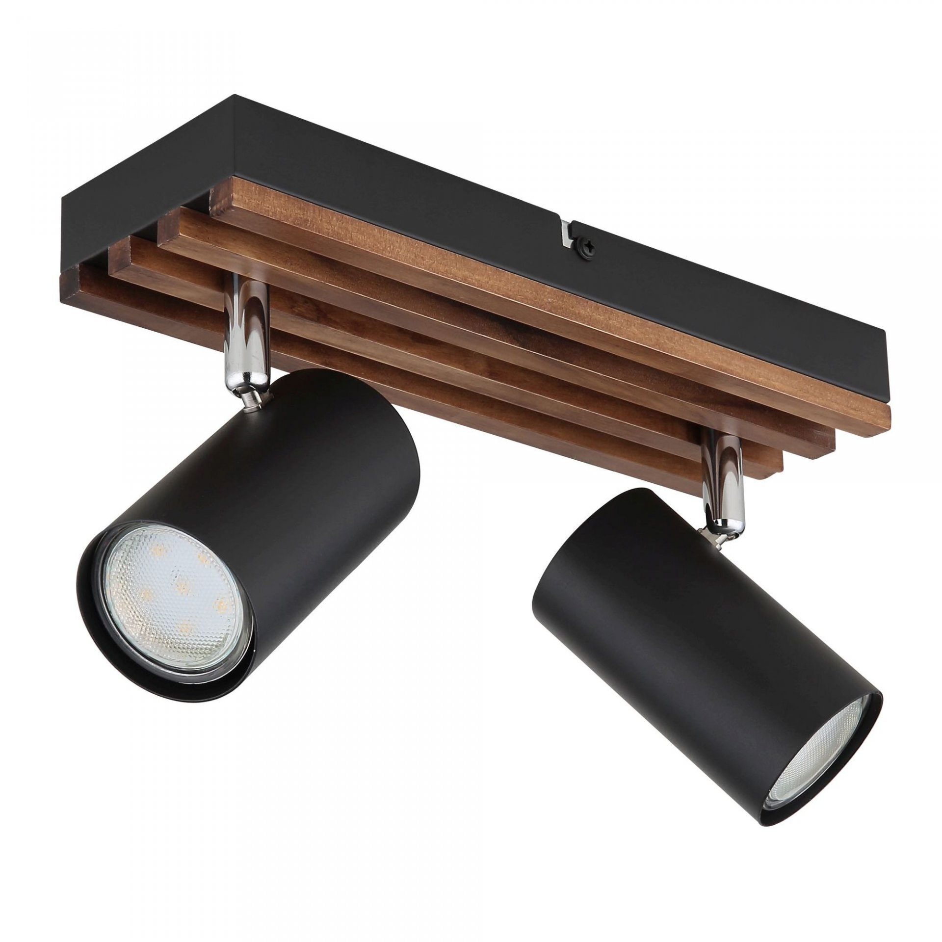 Czarna lampa sufitowa z dwoma regulowanymi reflektorami zamontowana na drewnianej podstawie. Reflektory mają cylindryczny kształt i metaliczne wykończenie.
