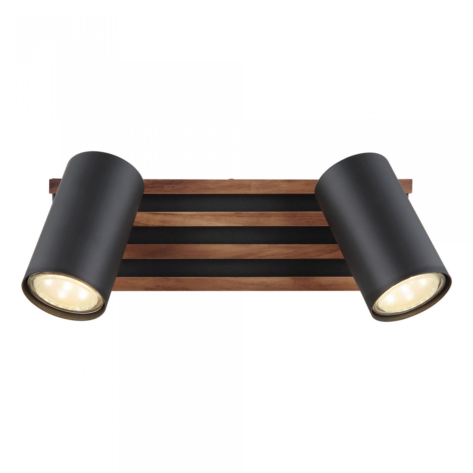Nowoczesna lampa sufitowa z dwoma regulowanymi reflektorami w cylindrycznym kształcie, zamontowana na drewnianej podstawie. Reflektory są w kolorze czarnym, a światło jest ciepłe i jasne.