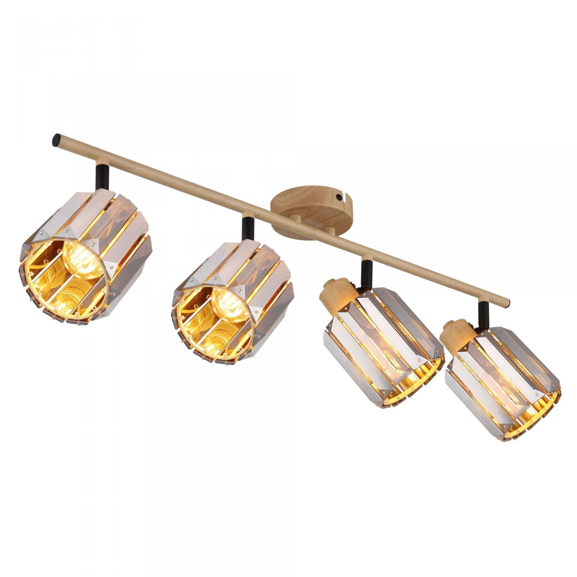 Lampa reflektorowa z czterema punktami świetlnymi zamontowana na drewnianej listwie. Każdy reflektor ma metalową obudowę z elementami w kolorze złotym.