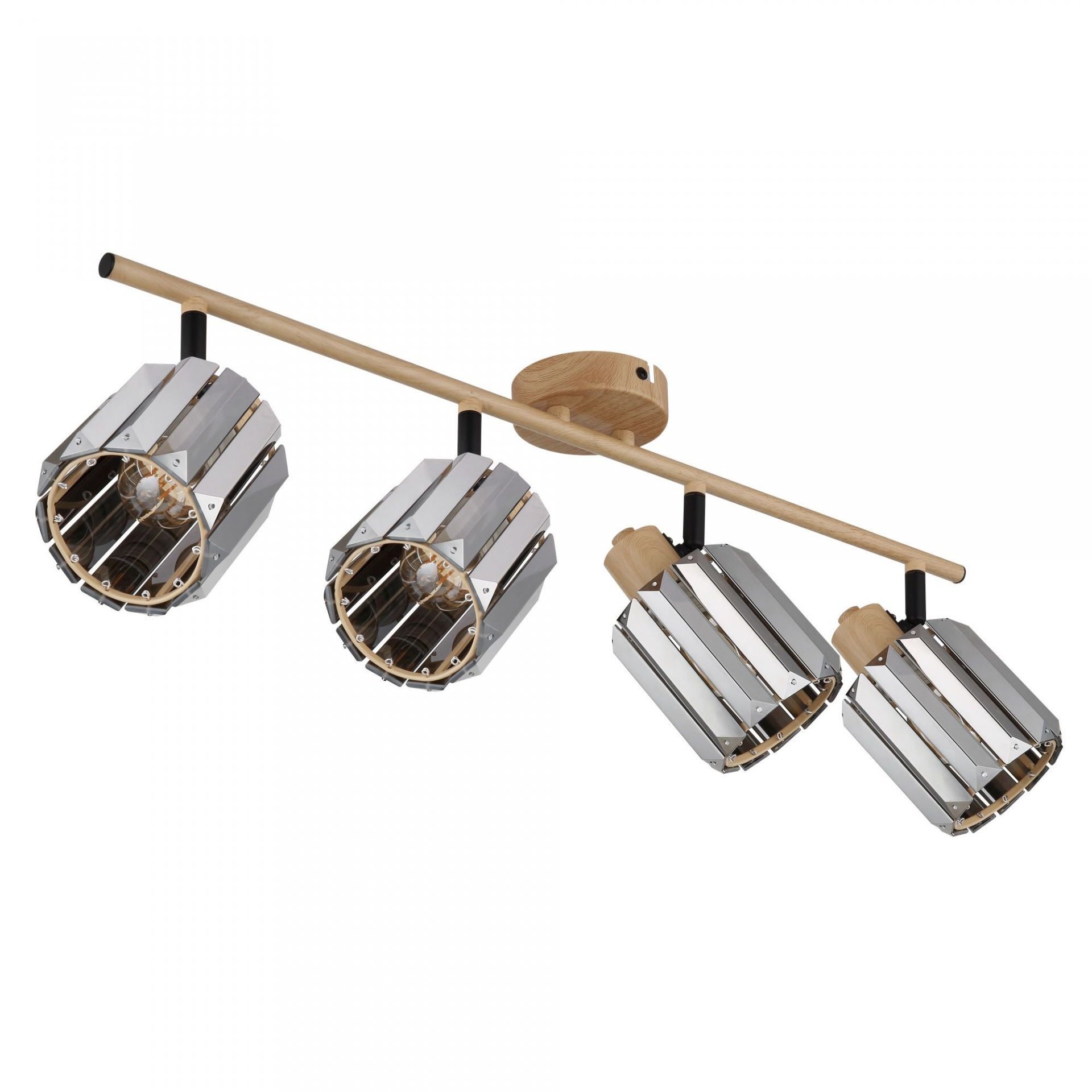 Lampa reflektorowa z czterema metalowymi kloszami w kształcie walca, zamontowana na drewnianej listwie. Klosze mają srebrne wykończenie i są przymocowane do czarnych uchwytów.