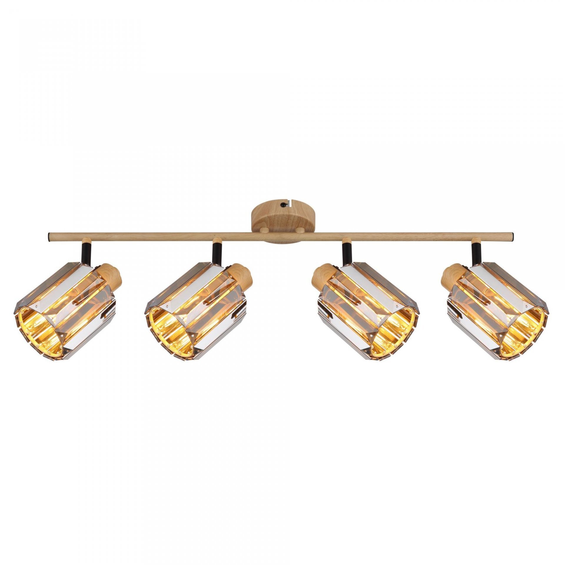 Lampa reflektorowa z czterema punktami świetlnymi, zamontowana na prostym, drewnianym uchwycie. Każdy reflektor ma metalową obudowę z pionowymi szczelinami, przez które prześwituje ciepłe światło.