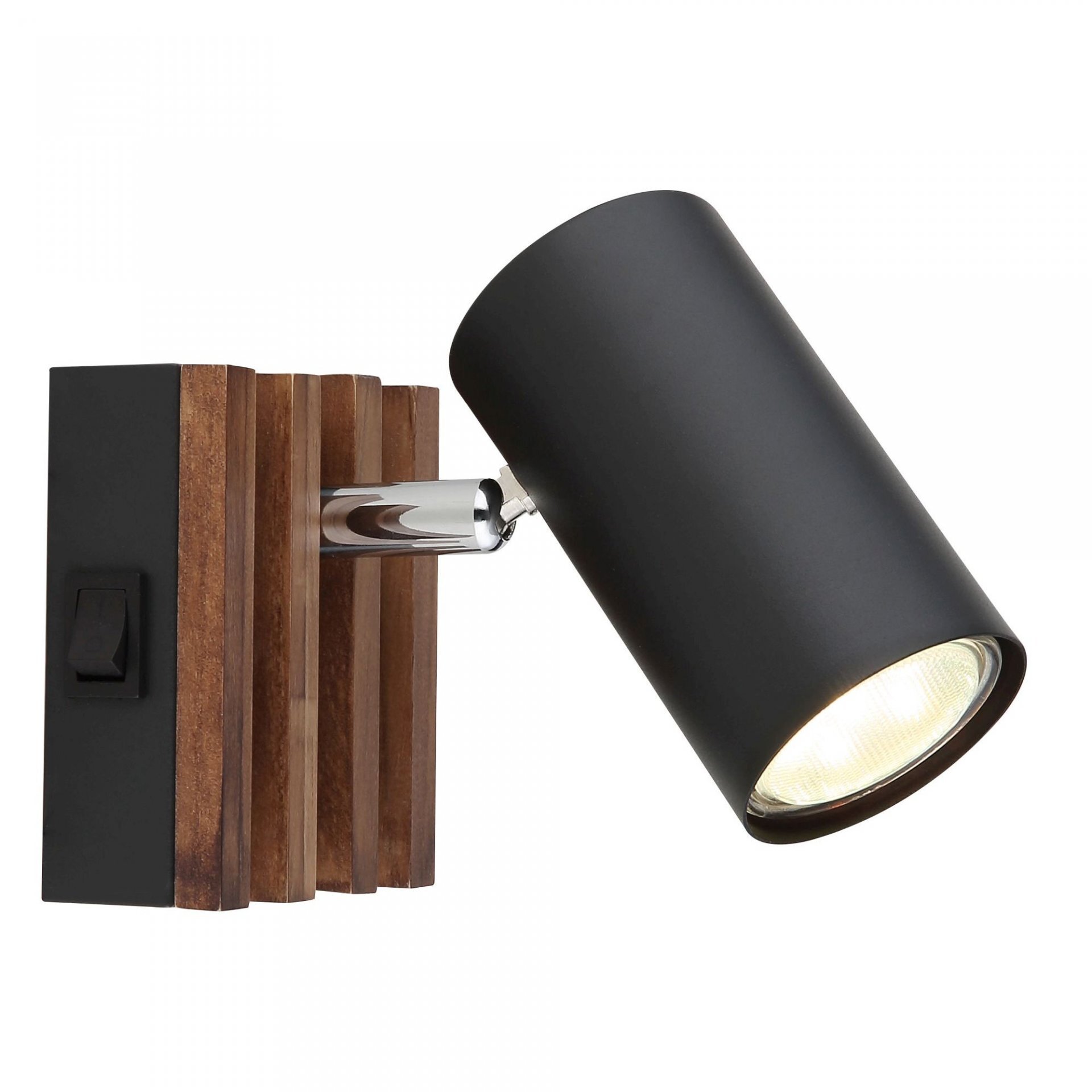 Czarna lampa reflektorowa z włącznikiem, zamontowana na drewnianej podstawie z metalowym ramieniem. Światło jest skierowane w dół, a obudowa lampy ma cylindryczny kształt.