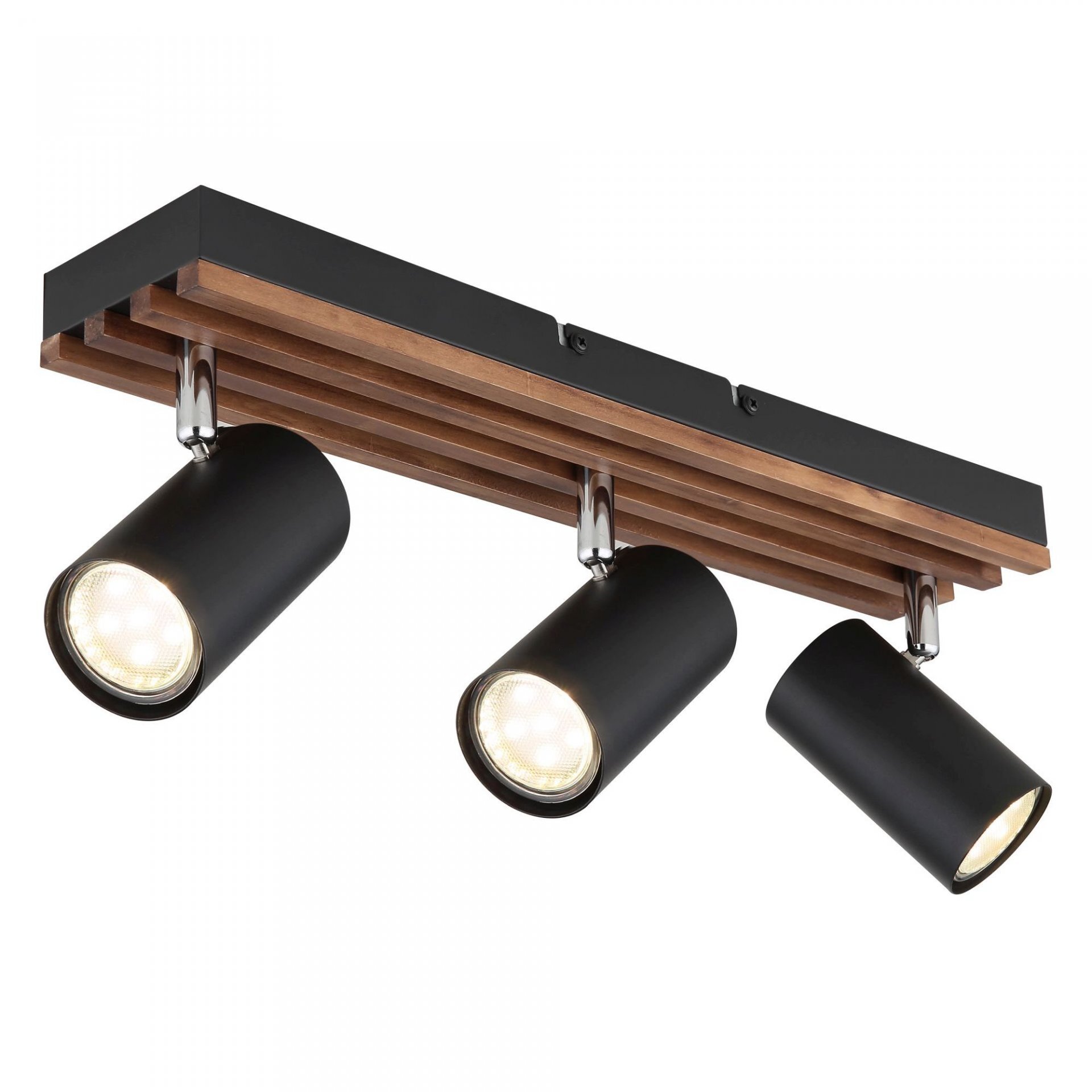 Lampa sufitowa z trzema czarnymi reflektorami zamontowanymi na drewnianej listwie. Reflektory są regulowane i emitują ciepłe światło.