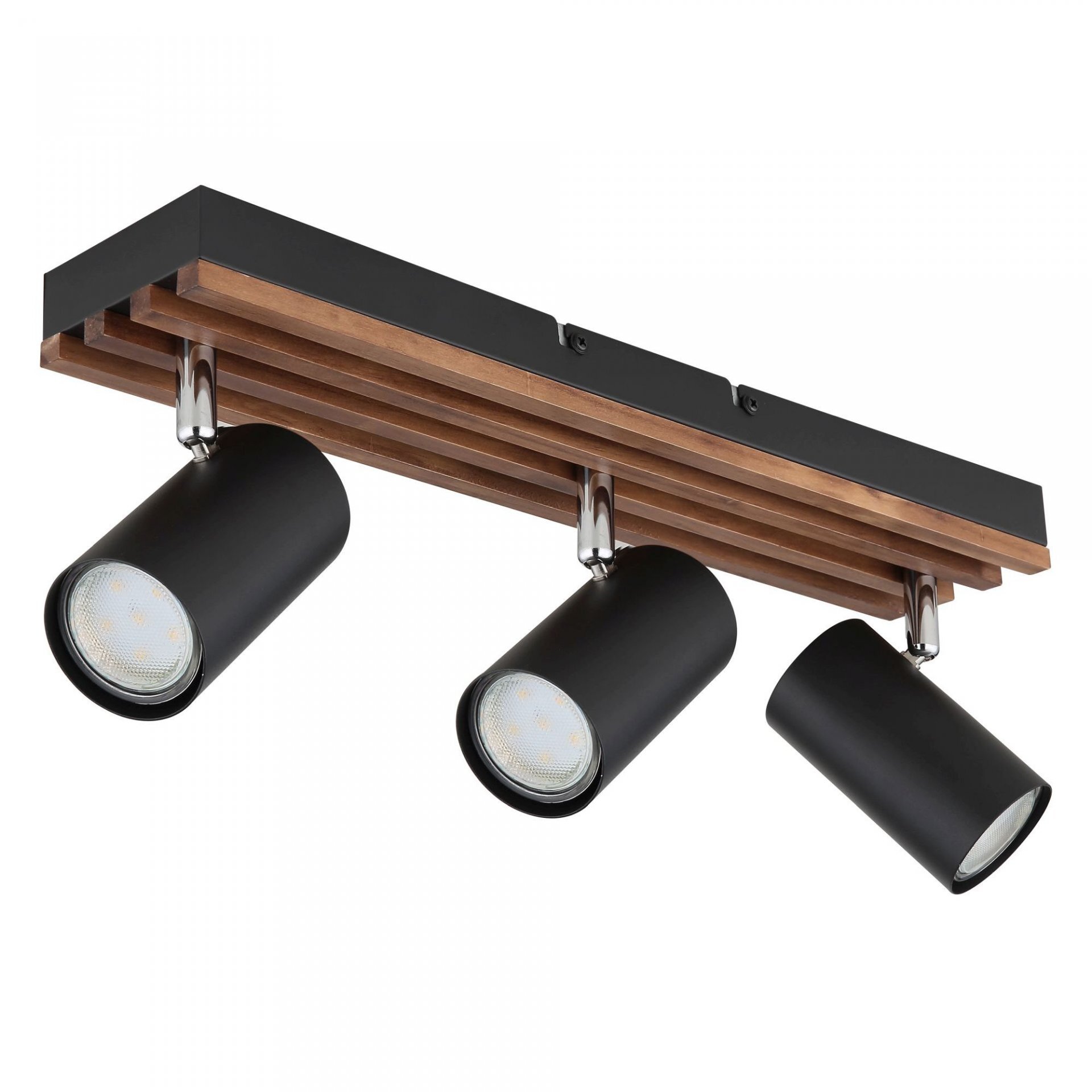 Lampa sufitowa z trzema czarnymi reflektorami zamontowanymi na drewnianej listwie. Reflektory są regulowane i mają nowoczesny design.