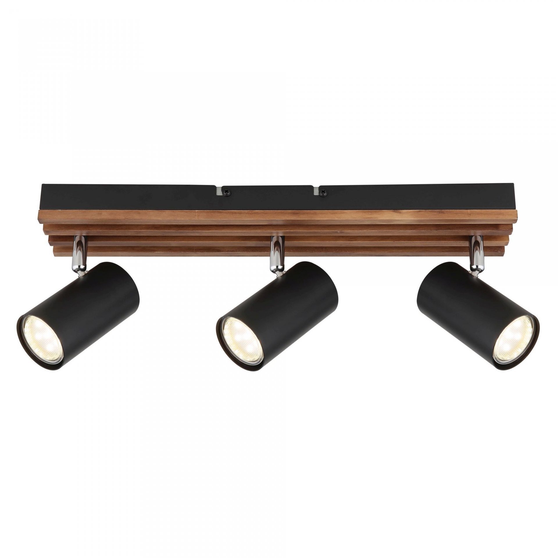 Lampa sufitowa z trzema czarnymi reflektorami zamontowanymi na drewnianej listwie. Reflektory są regulowane i emitują ciepłe światło.