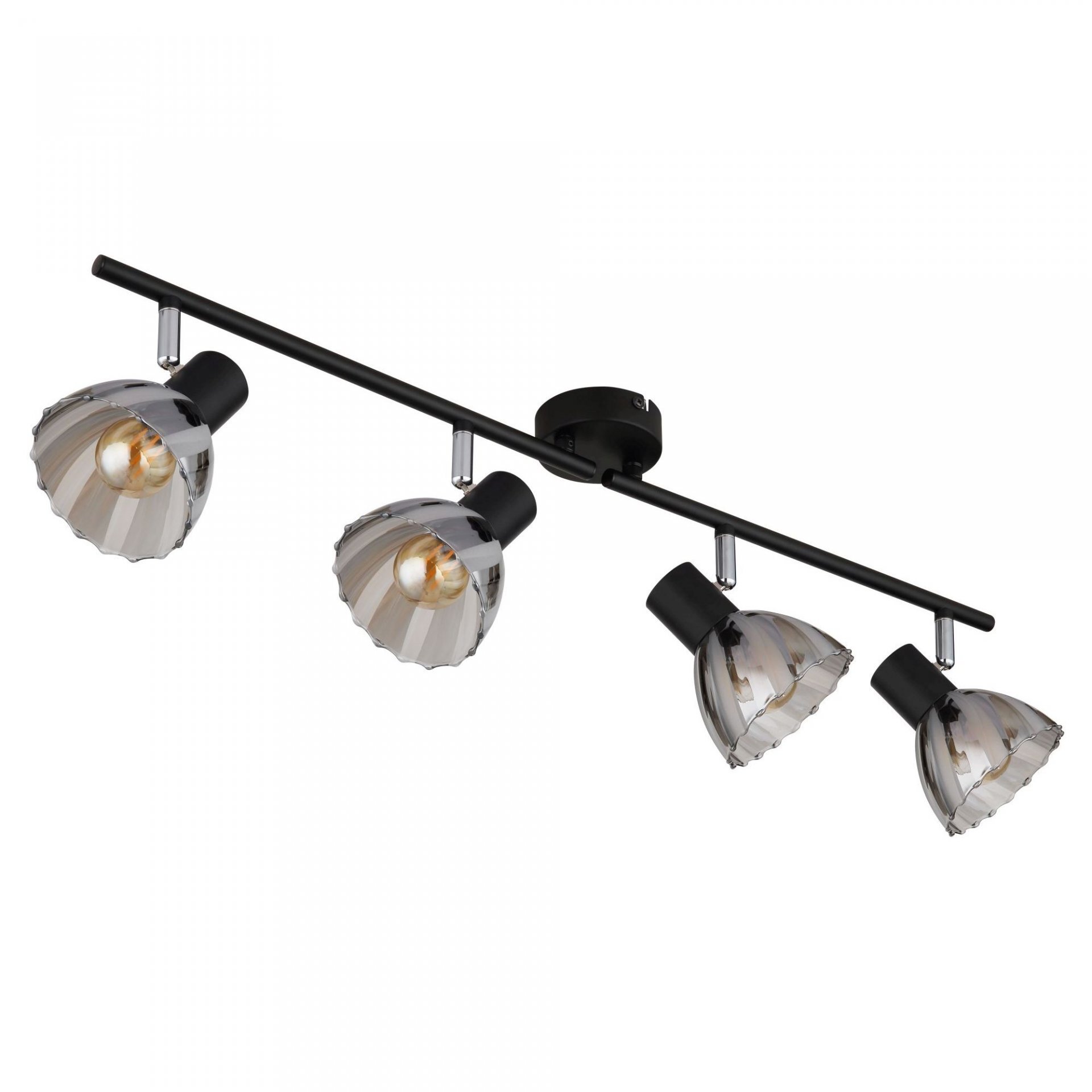 Czarna lampa sufitowa z czterema reflektorami o stożkowym kształcie, zamontowana na prostym, poziomym ramieniu. Każdy reflektor ma przezroczysty klosz z widoczną żarówką wewnątrz.