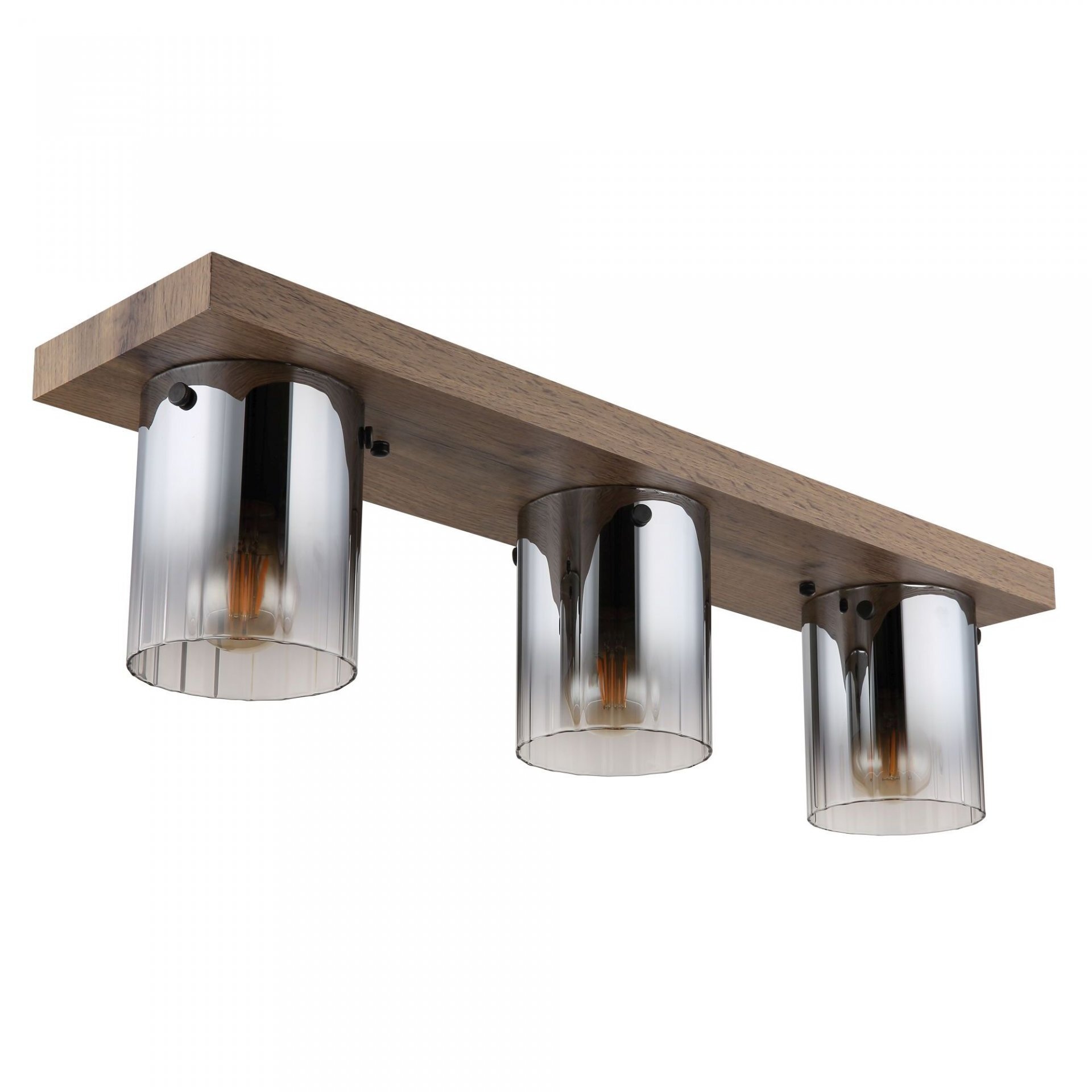 Lampa sufitowa z trzema szklanymi kloszami zamontowanymi na drewnianej belce. Klosze mają metaliczne wykończenie i widoczne żarówki wewnątrz.
