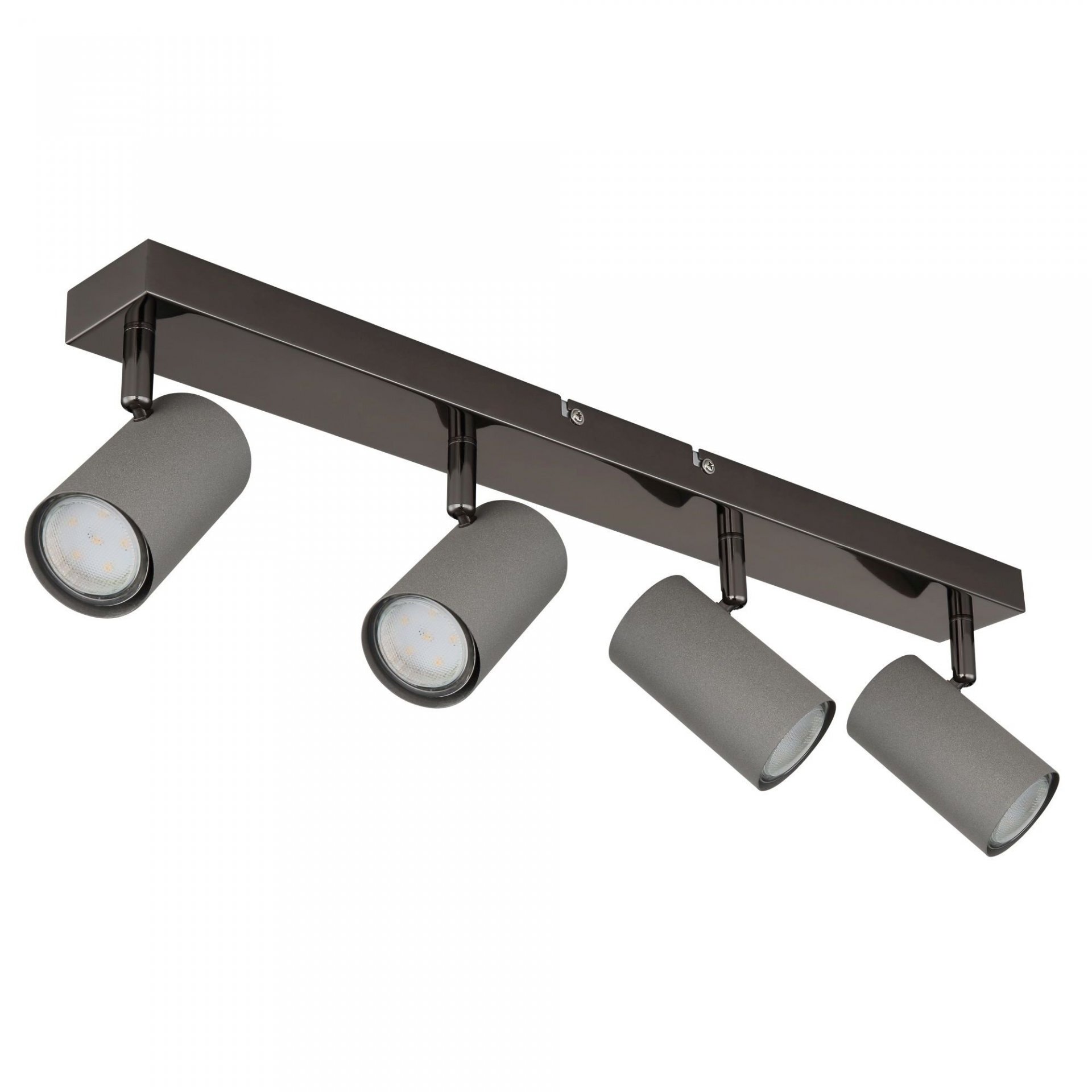 Lampa sufitowa z czterema cylindrycznymi reflektorami zamontowanymi na prostokątnej listwie. Reflektory są w kolorze szarym, a listwa ma ciemny, błyszczący wykończenie.