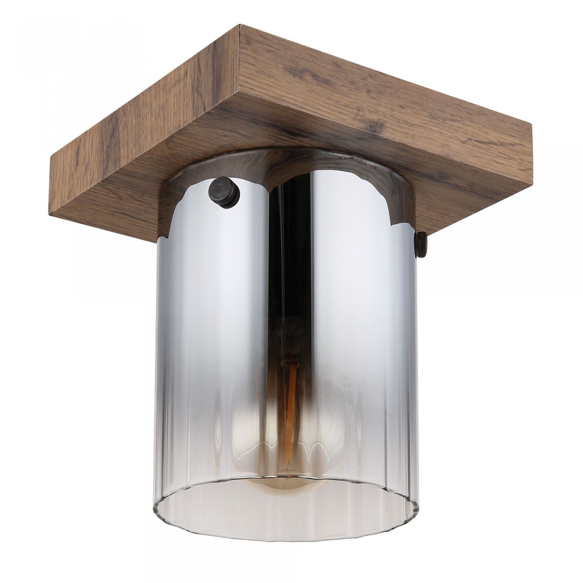 Lampa sufitowa z drewnianą podstawą i cylindrycznym, metalicznym kloszem. Wewnątrz klosza widoczna jest żarówka.